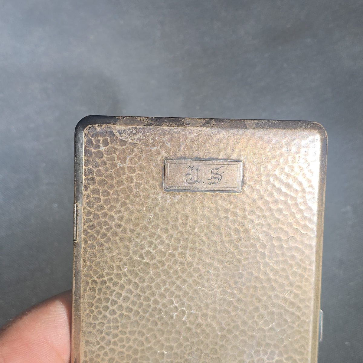 Antique Sterling Silver Hammered Cigarette Case with Old English "J.S." Monogram, Manufactured by W. & H. Co., Patent Applied For