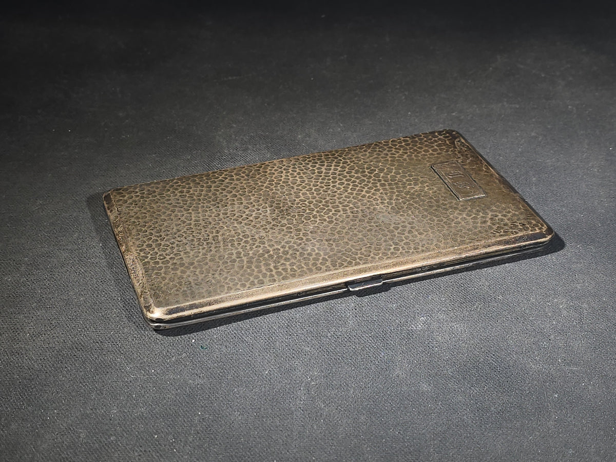Antique Sterling Silver Hammered Cigarette Case with Old English "J.S." Monogram, Manufactured by W. & H. Co., Patent Applied For