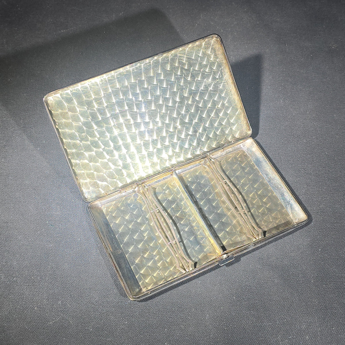 Antique Sterling Silver Hammered Cigarette Case with Old English "J.S." Monogram, Manufactured by W. & H. Co., Patent Applied For