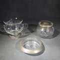 Lot 096 - Grouping of Three Vintage Sterling Silver and Glass Tableware Pieces Including Etched Two-Handled Sugar Bowl, Cut Glass Vanity Jar, and Glass Coaster