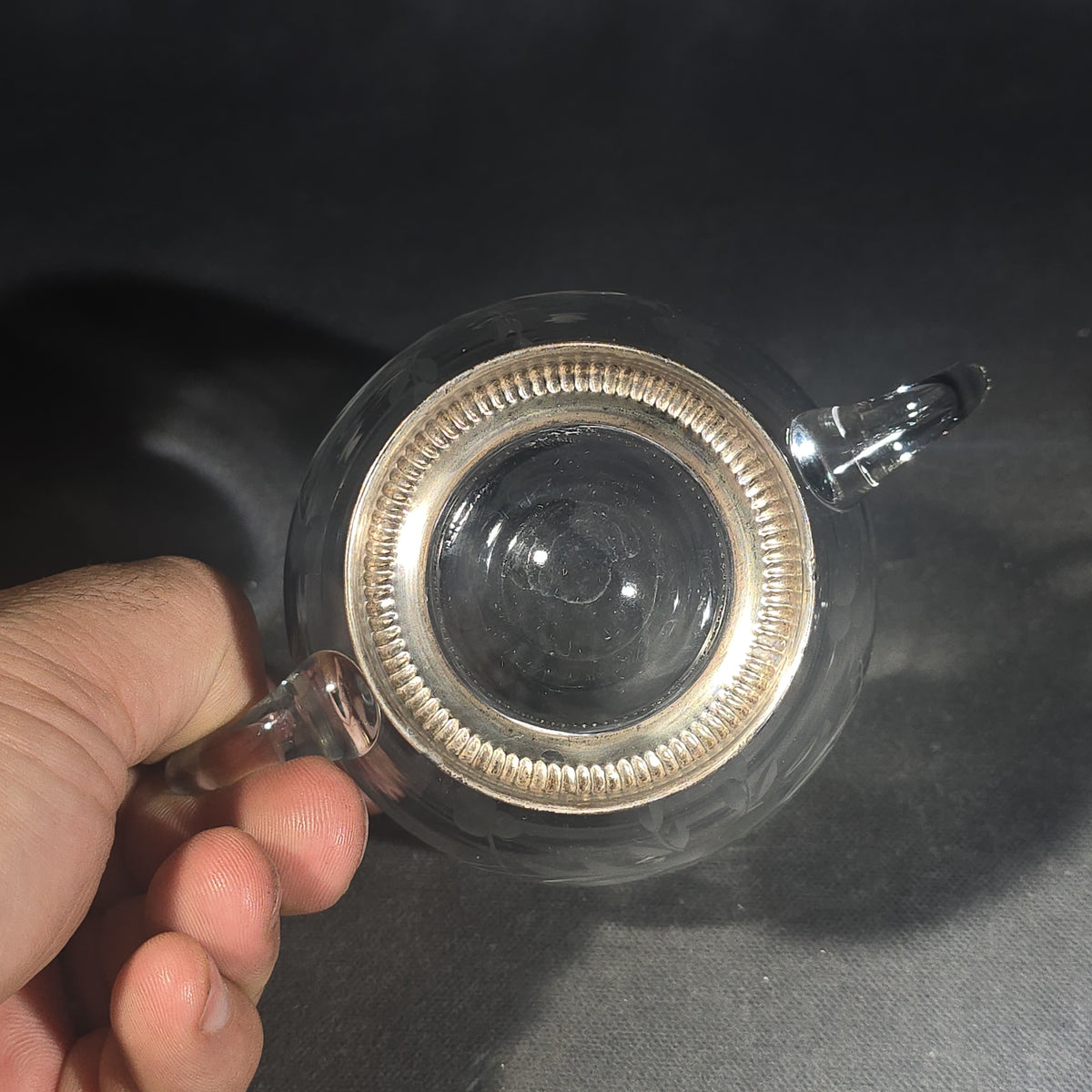 Grouping of Three Vintage Sterling Silver and Glass Tableware Pieces including Etched Two-Handled Sugar Bowl, Cut Glass Vanity Jar, and Glass Coaster