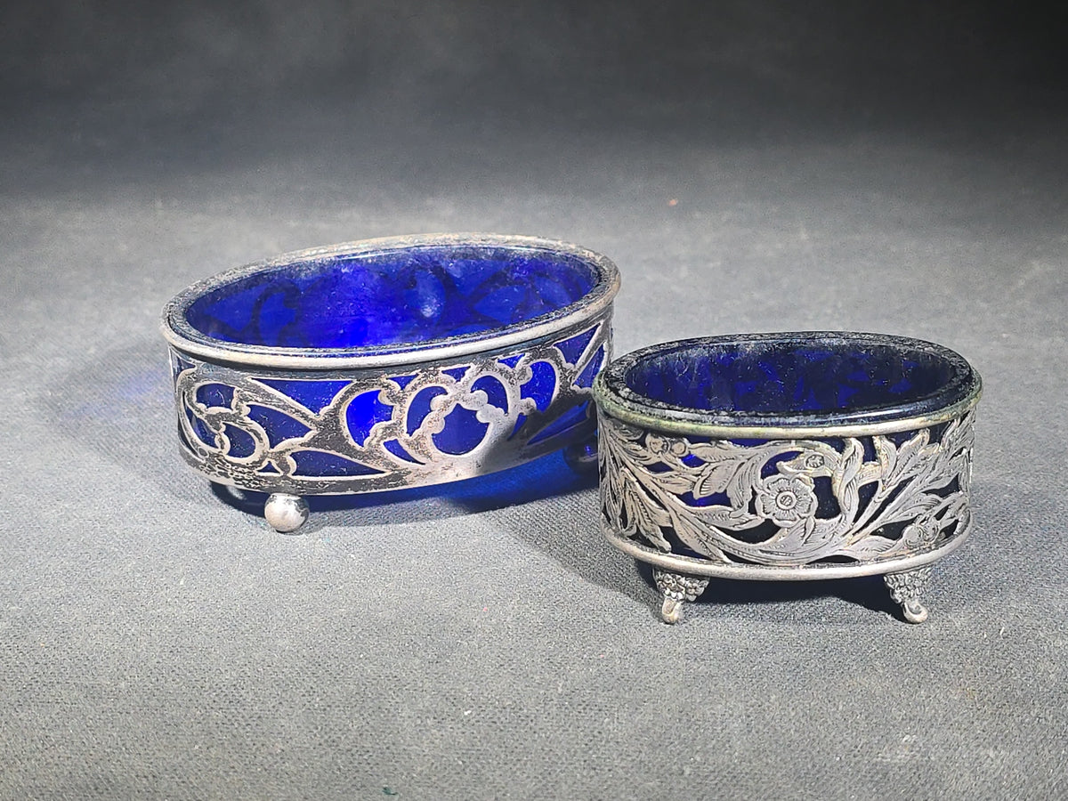 Pair of Antique Sterling Silver Open Salt Cellars with Cobalt Blue Glass Liners and Pierced Baskets, Retailed by A. Stowell & Co. Inc., Monogrammed