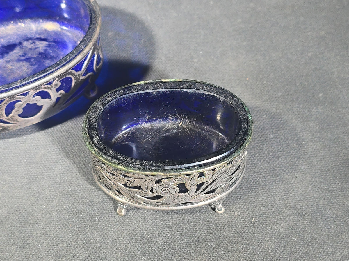 Pair of Antique Sterling Silver Open Salt Cellars with Cobalt Blue Glass Liners and Pierced Baskets, Retailed by A. Stowell & Co. Inc., Monogrammed