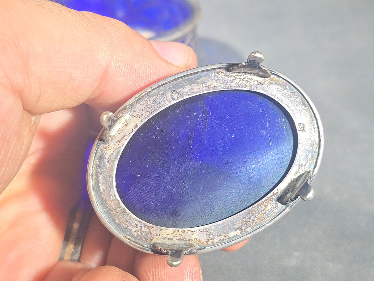 Pair of Antique Sterling Silver Open Salt Cellars with Cobalt Blue Glass Liners and Pierced Baskets, Retailed by A. Stowell & Co. Inc., Monogrammed