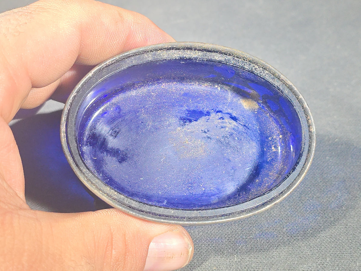 Pair of Antique Sterling Silver Open Salt Cellars with Cobalt Blue Glass Liners and Pierced Baskets, Retailed by A. Stowell & Co. Inc., Monogrammed