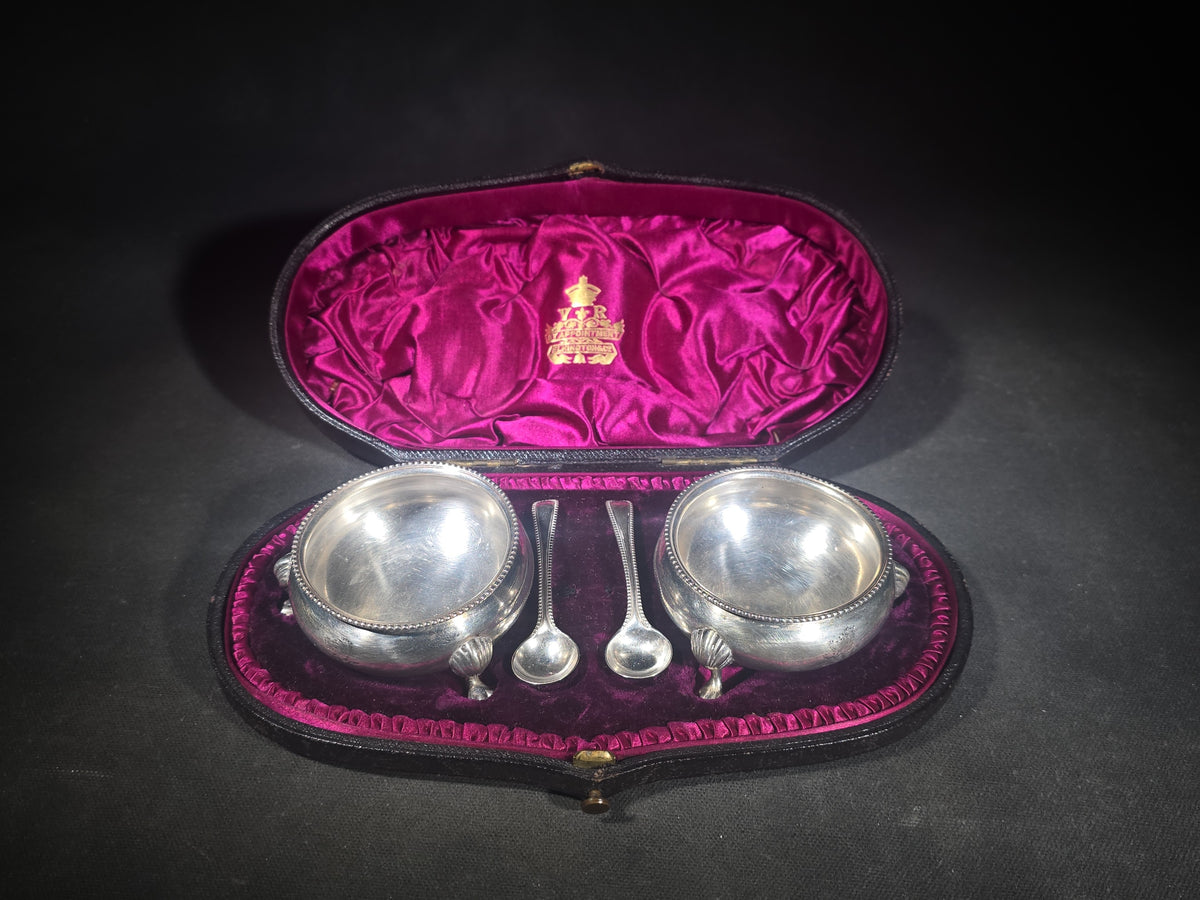 Pair of Antique Sterling Silver Footed Salt Cellars with Salt Spoons in Presentation Case, Engraved Lions, Manufactured by Elkington & Co.