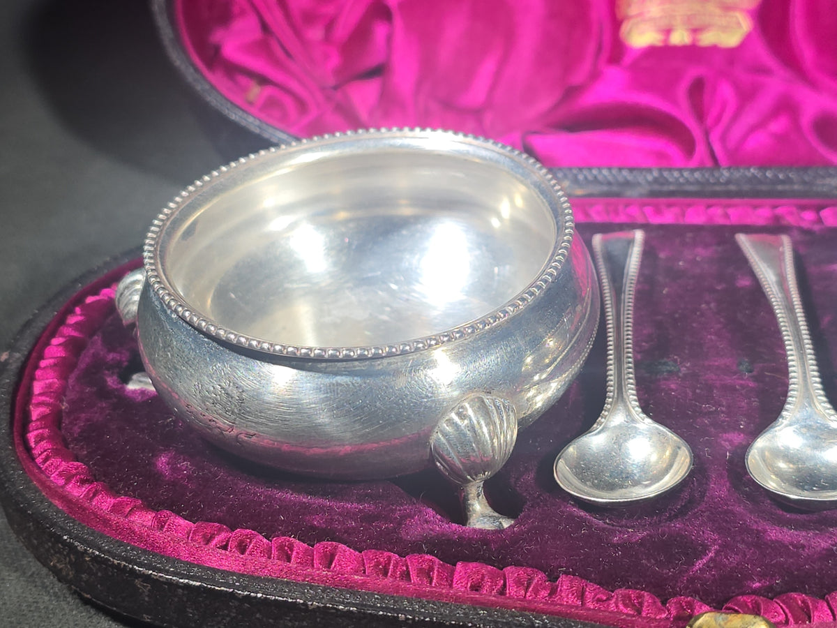 Pair of Antique Sterling Silver Footed Salt Cellars with Salt Spoons in Presentation Case, Engraved Lions, Manufactured by Elkington & Co.