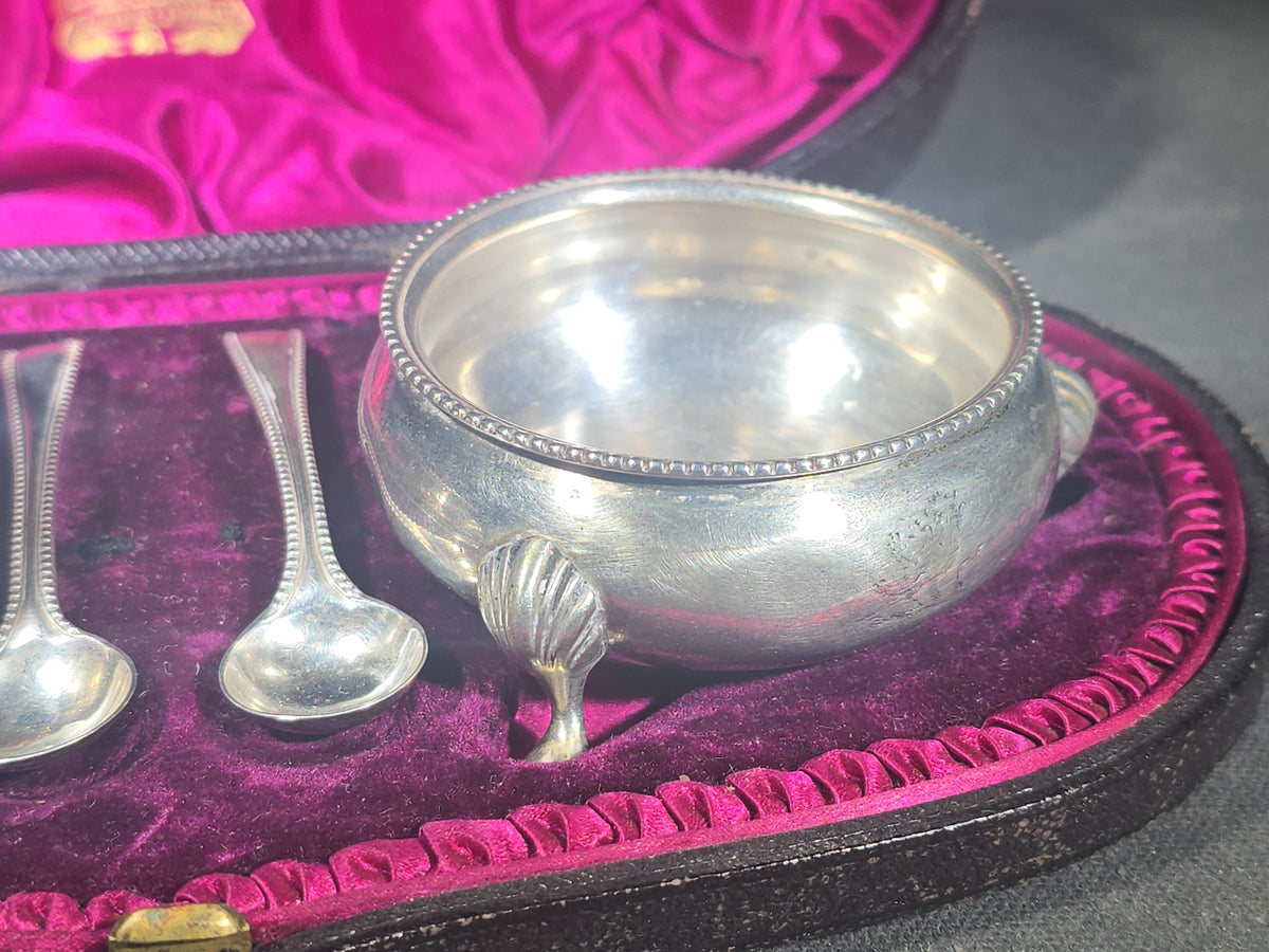 Pair of Antique Sterling Silver Footed Salt Cellars with Salt Spoons in Presentation Case, Engraved Lions, Manufactured by Elkington & Co.
