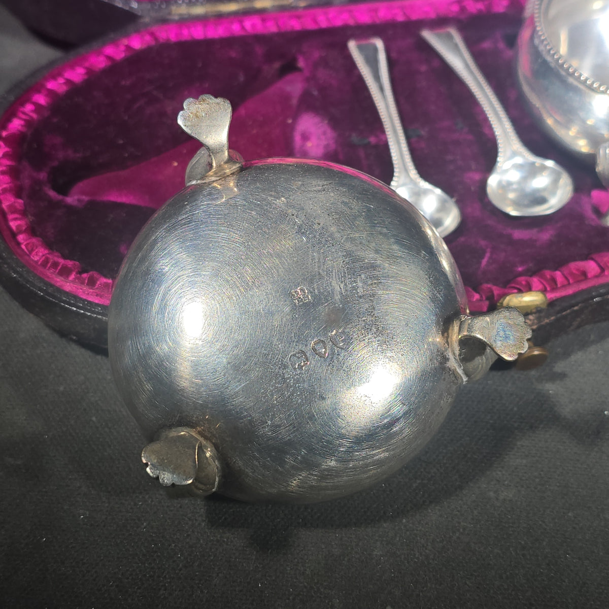 Pair of Antique Sterling Silver Footed Salt Cellars with Salt Spoons in Presentation Case, Engraved Lions, Manufactured by Elkington & Co.