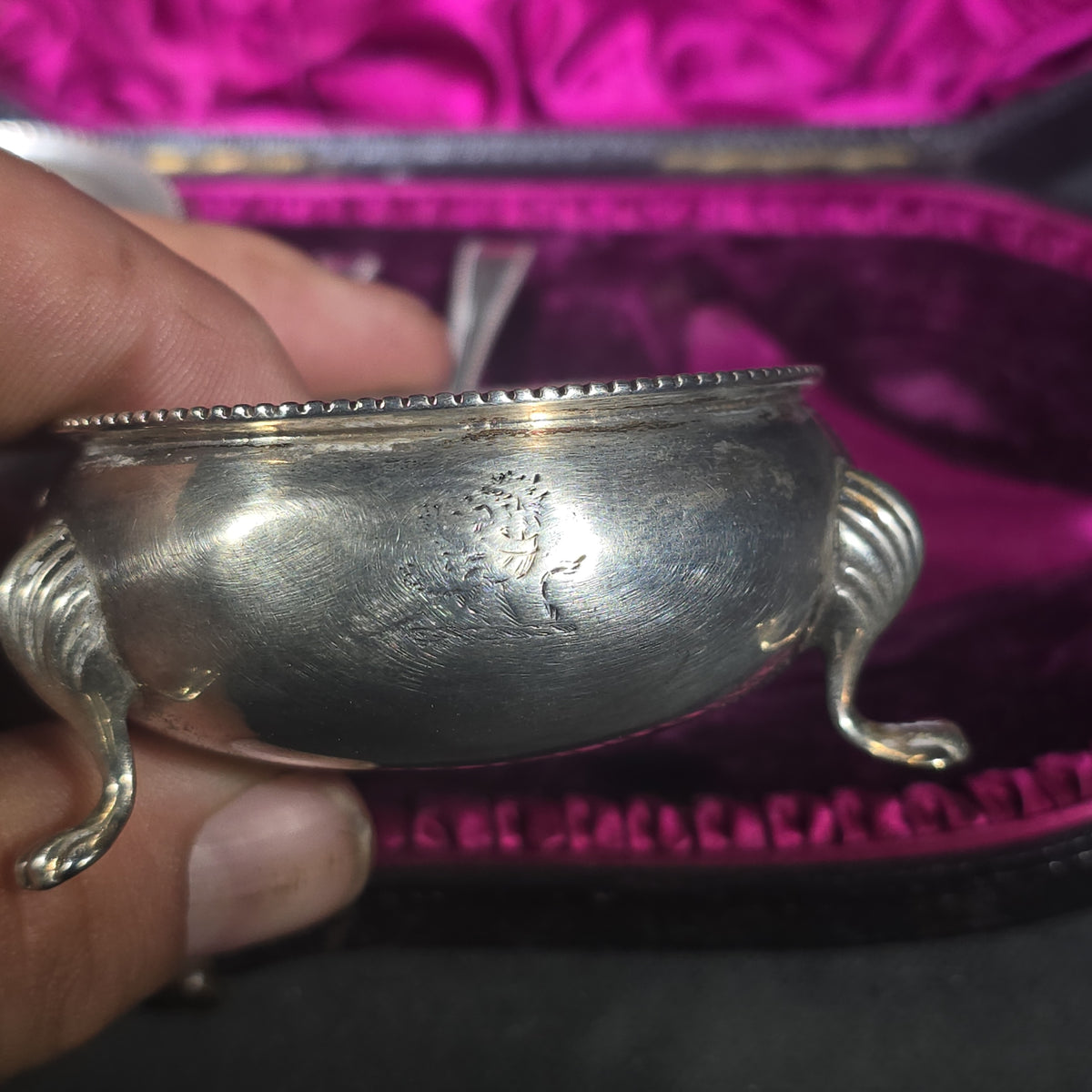 Pair of Antique Sterling Silver Footed Salt Cellars with Salt Spoons in Presentation Case, Engraved Lions, Manufactured by Elkington & Co.