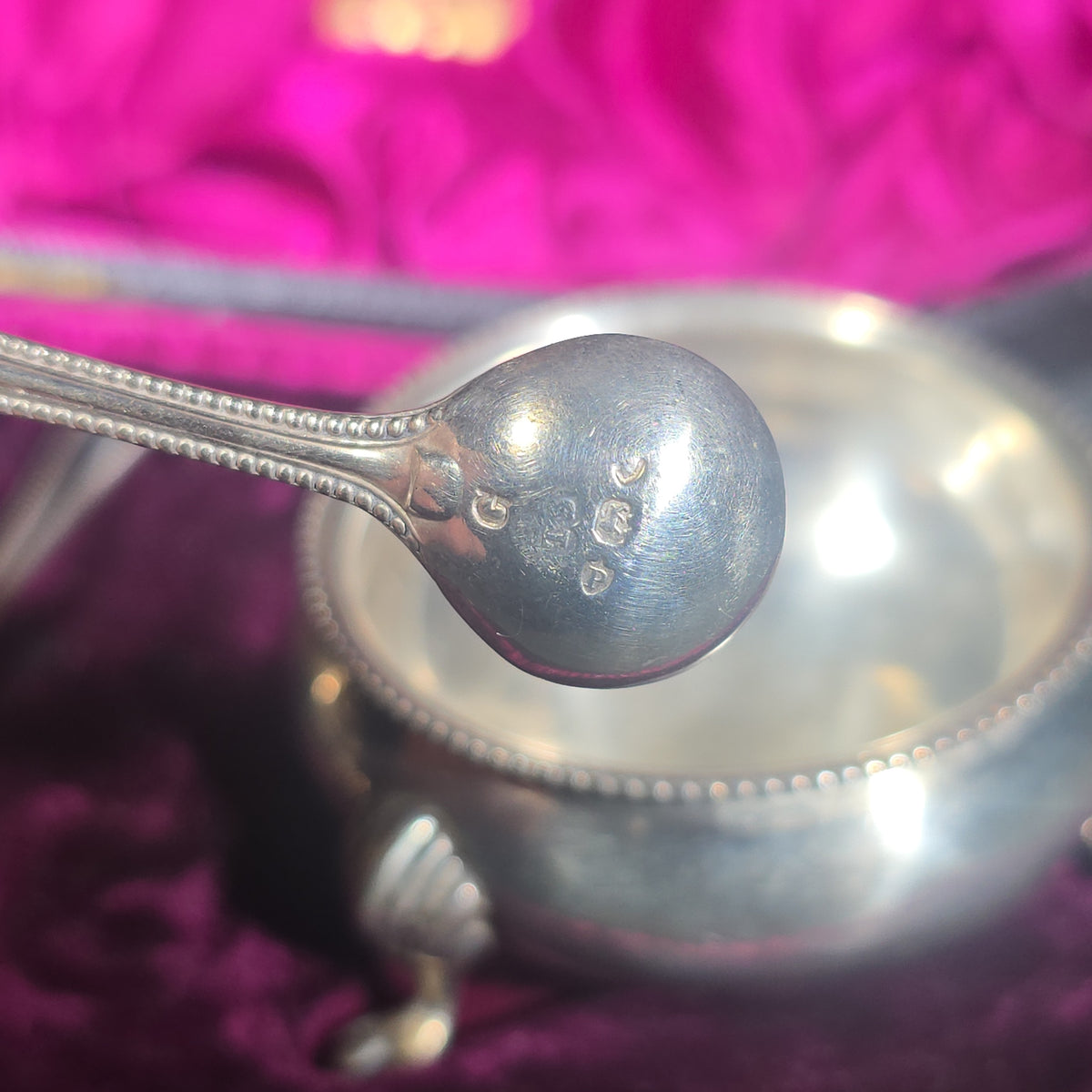 Pair of Antique Sterling Silver Footed Salt Cellars with Salt Spoons in Presentation Case, Engraved Lions, Manufactured by Elkington & Co.