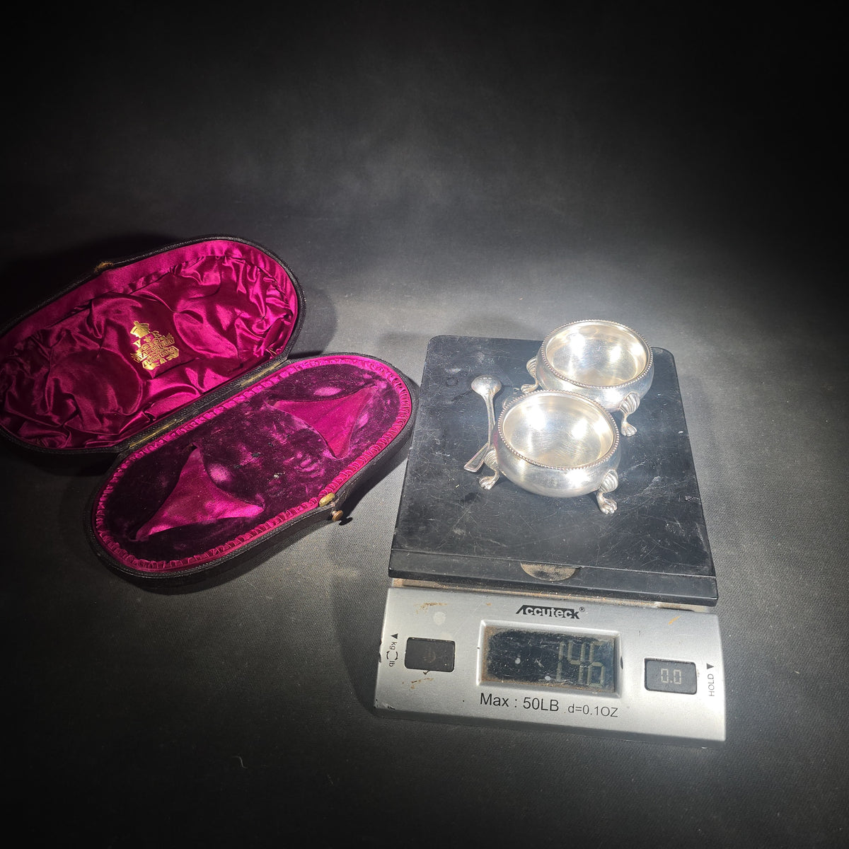 Pair of Antique Sterling Silver Footed Salt Cellars with Salt Spoons in Presentation Case, Engraved Lions, Manufactured by Elkington & Co.