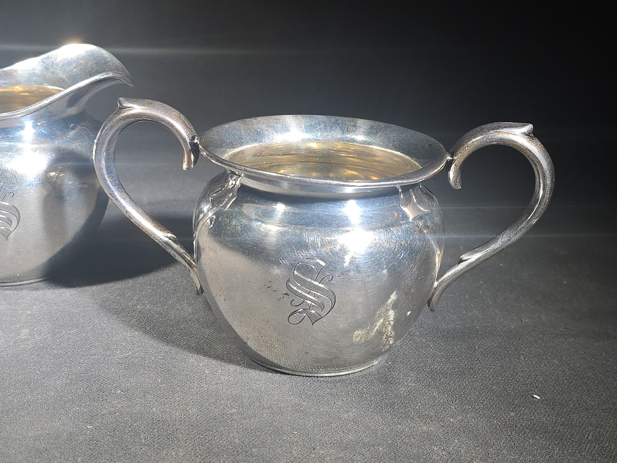 Sterling Silver Monogrammed Creamer and Open Sugar Bowl with Gold Wash Interior, Manufactured by P.S. Co., Pattern 702