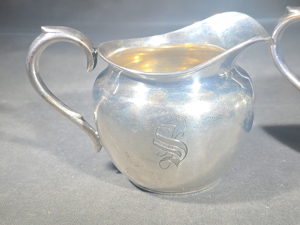 Sterling Silver Monogrammed Creamer and Open Sugar Bowl with Gold Wash Interior, Manufactured by P.S. Co., Pattern 702