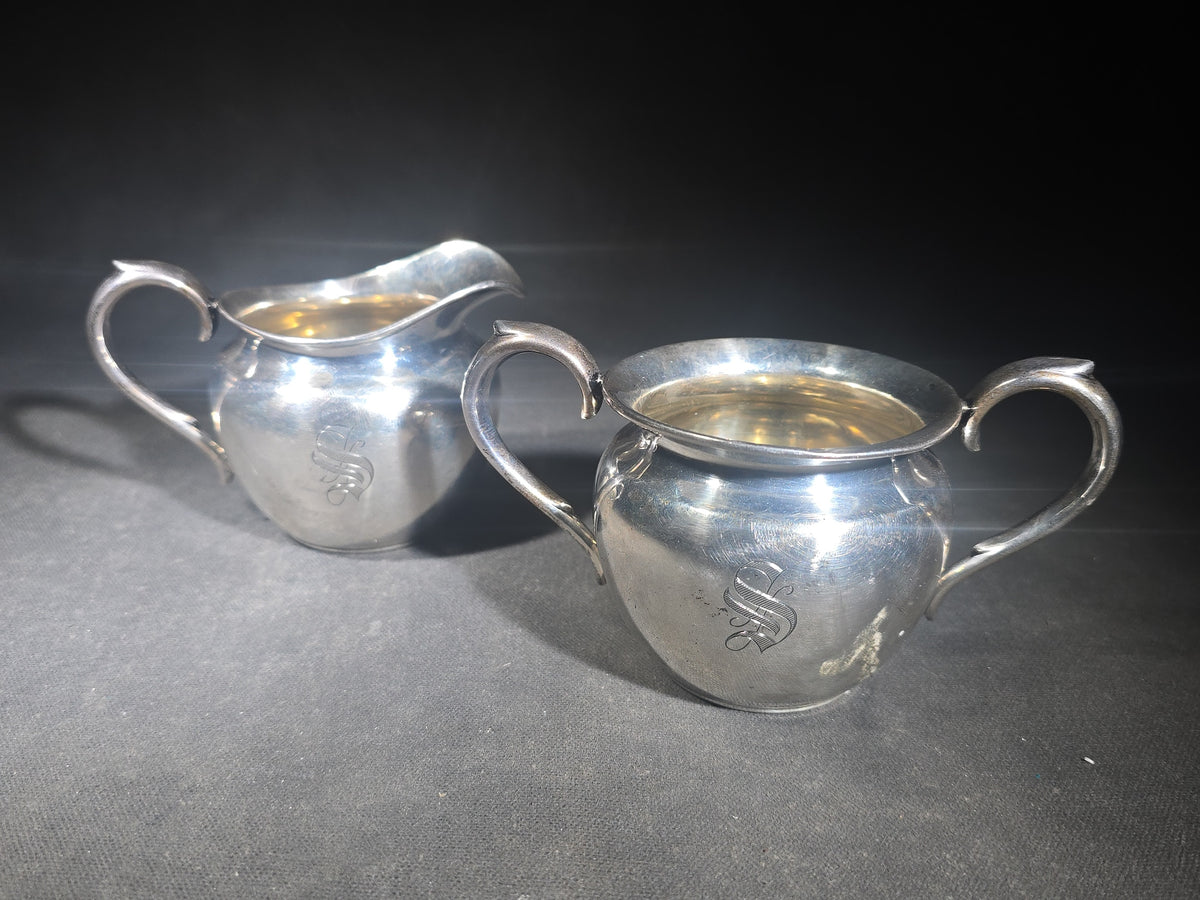 Sterling Silver Monogrammed Creamer and Open Sugar Bowl with Gold Wash Interior, Manufactured by P.S. Co., Pattern 702