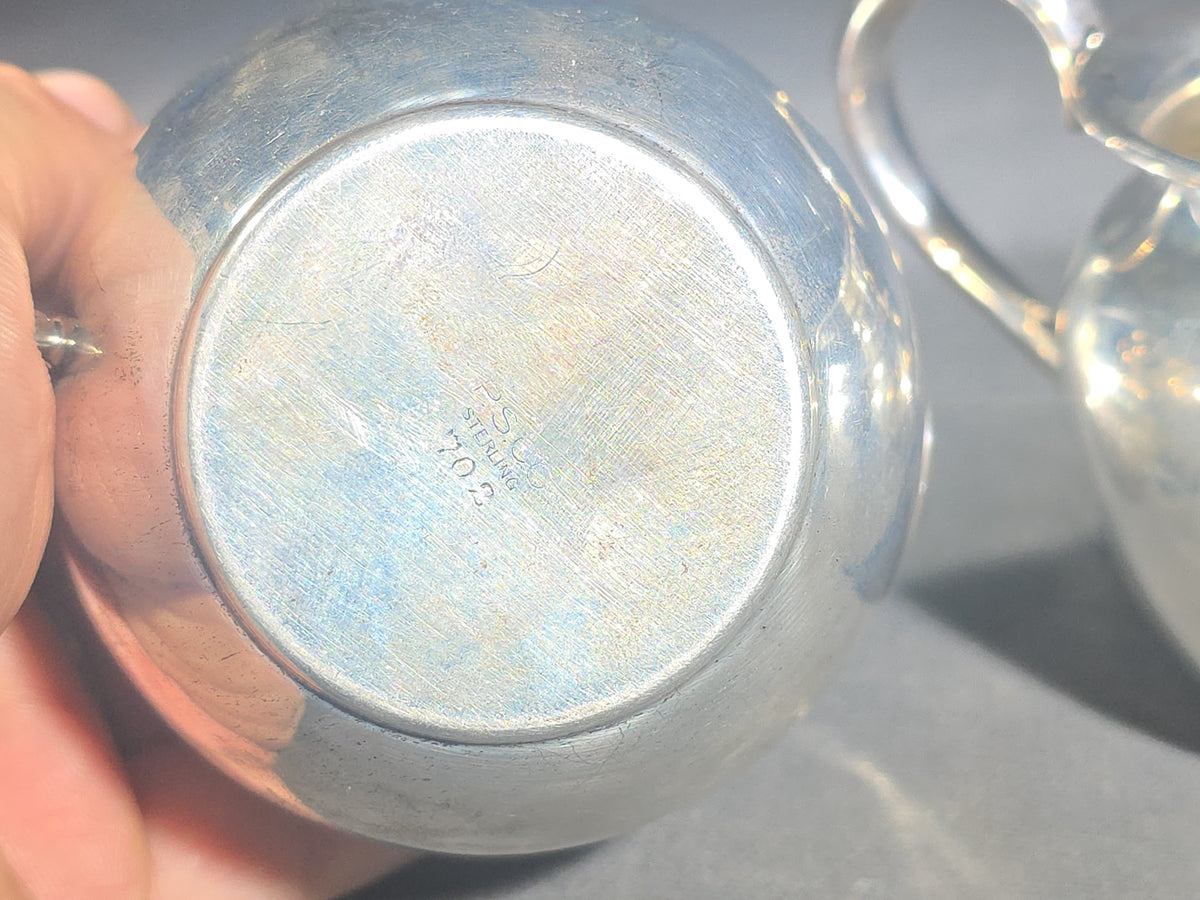 Sterling Silver Monogrammed Creamer and Open Sugar Bowl with Gold Wash Interior, Manufactured by P.S. Co., Pattern 702