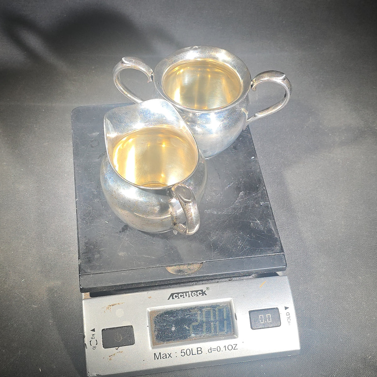 Sterling Silver Monogrammed Creamer and Open Sugar Bowl with Gold Wash Interior, Manufactured by P.S. Co., Pattern 702