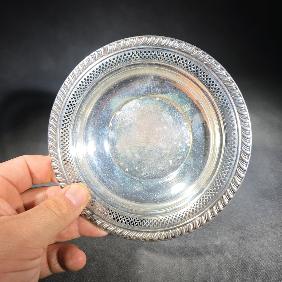 Sterling Silver Reticulated Nut Dish with Gadroon Edge, Unmarked, Acid-Tested