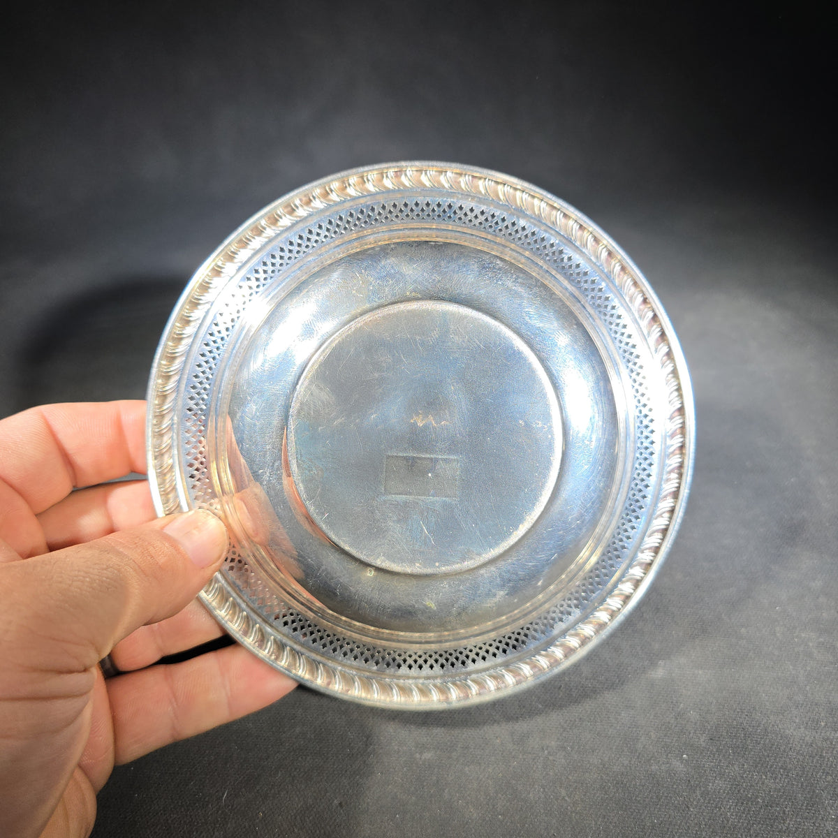 Sterling Silver Reticulated Nut Dish with Gadroon Edge, Unmarked, Acid-Tested