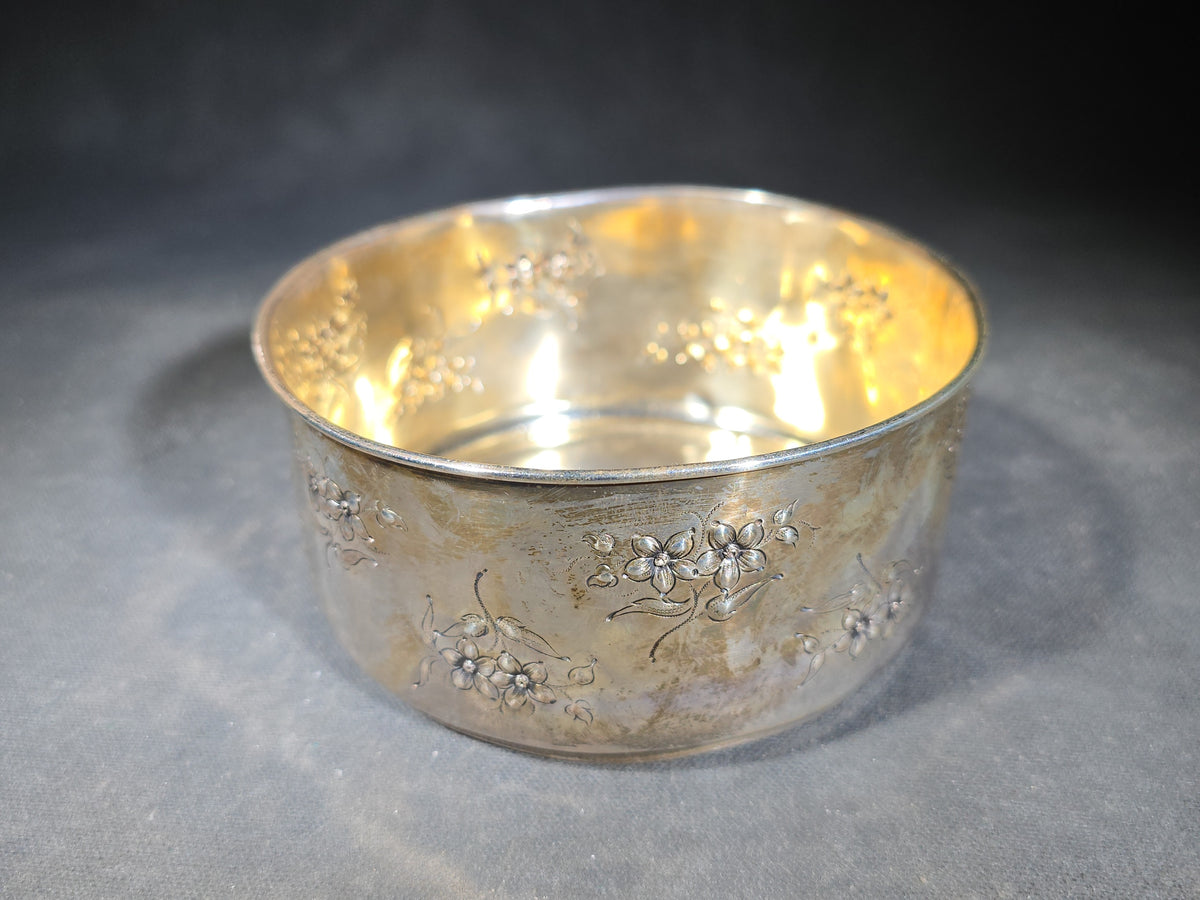 Sterling Silver Floral Repousse Bowl with Gold Wash Interior, Manufactured by Geo. C. Shreve & Co., San Francisco, California