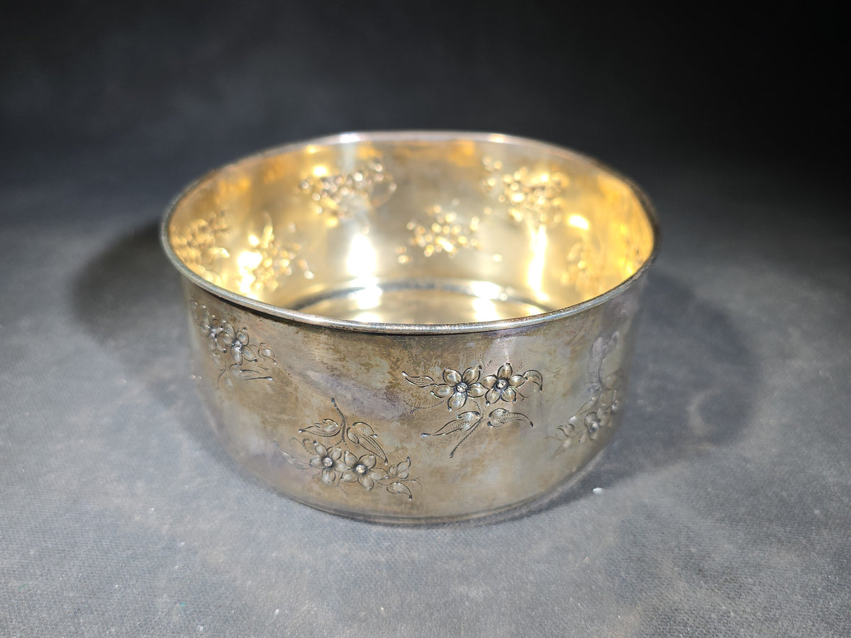 Sterling Silver Floral Repousse Bowl with Gold Wash Interior, Manufactured by Geo. C. Shreve & Co., San Francisco, California