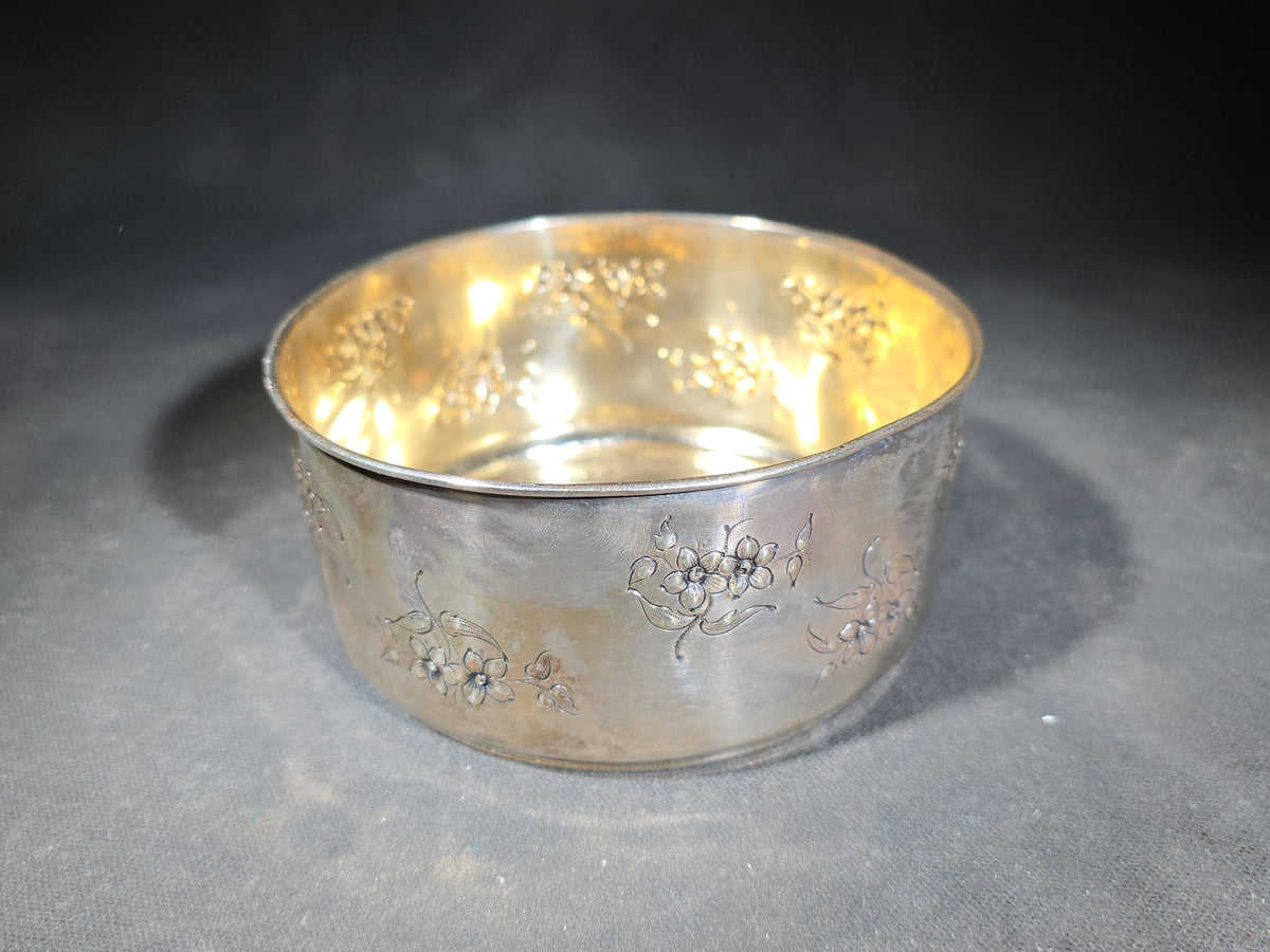 Sterling Silver Floral Repousse Bowl with Gold Wash Interior, Manufactured by Geo. C. Shreve & Co., San Francisco, California