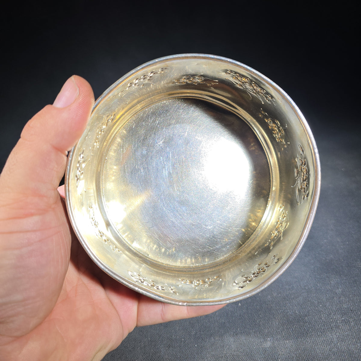 Sterling Silver Floral Repousse Bowl with Gold Wash Interior, Manufactured by Geo. C. Shreve & Co., San Francisco, California