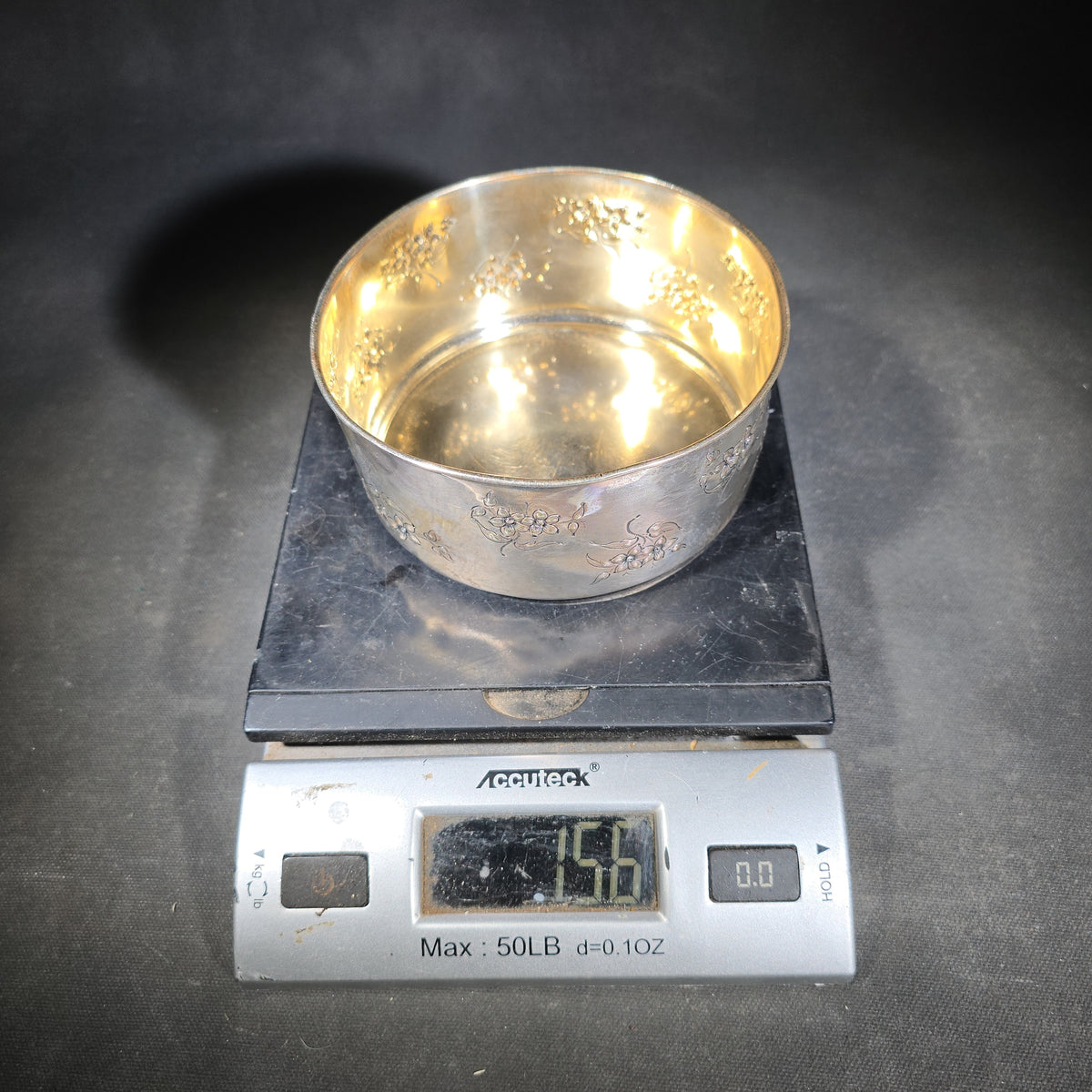 Sterling Silver Floral Repousse Bowl with Gold Wash Interior, Manufactured by Geo. C. Shreve & Co., San Francisco, California