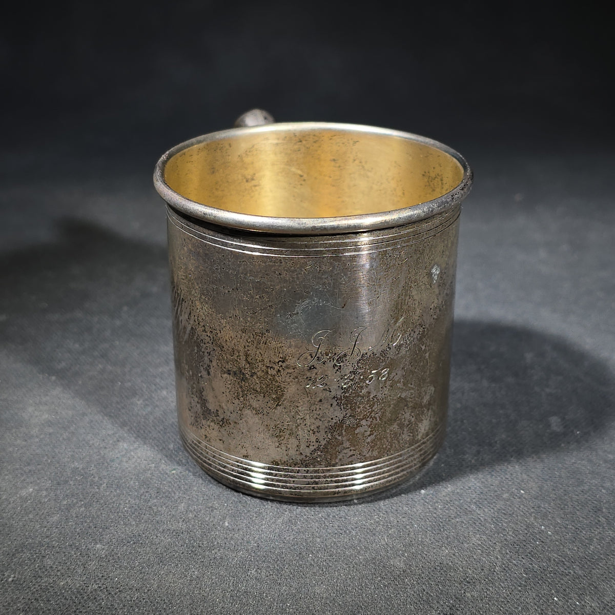 Sterling Silver Baby Cup with Gold Wash Interior, Monogrammed "J.J.M." and Dated "12-8-58"
