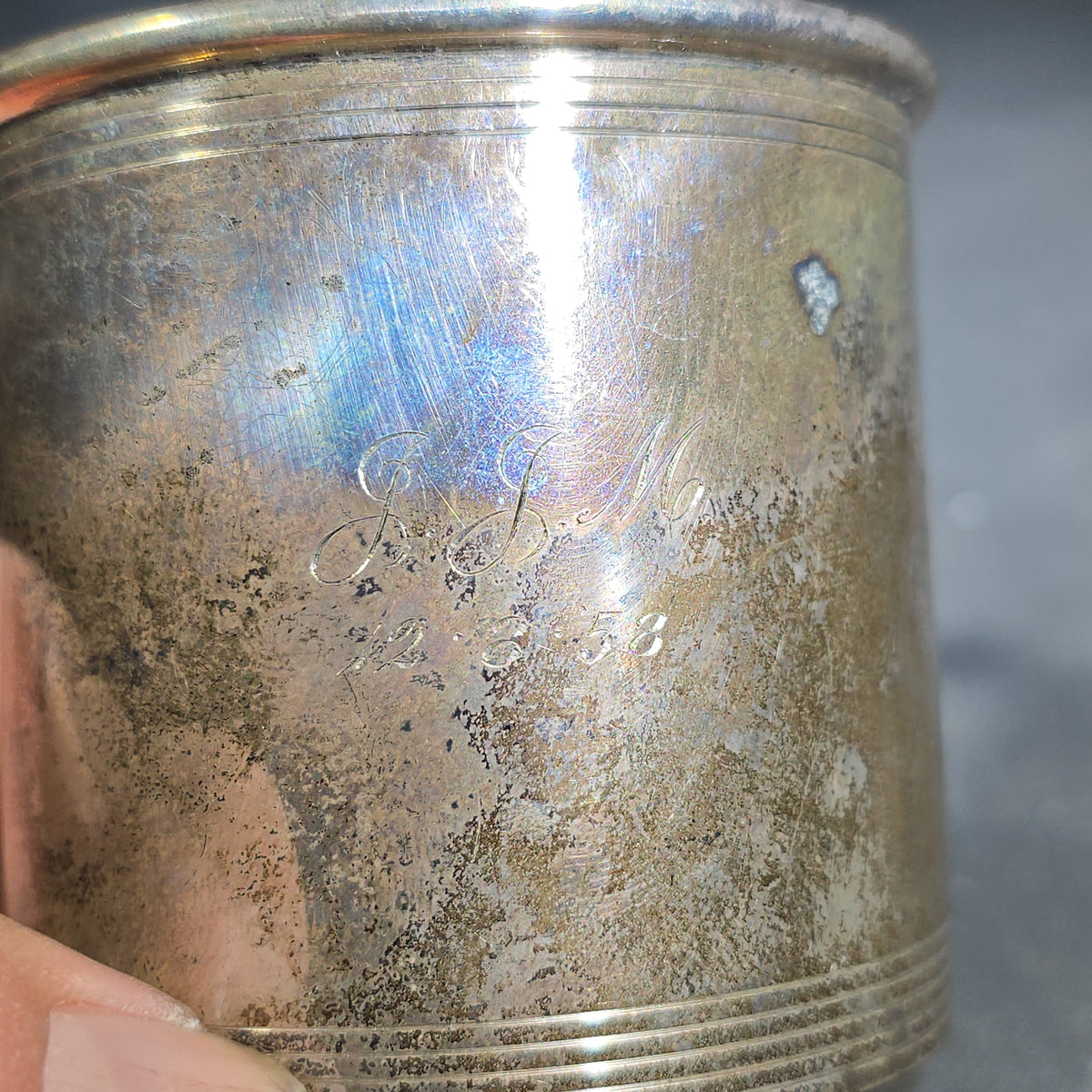Sterling Silver Baby Cup with Gold Wash Interior, Monogrammed "J.J.M." and Dated "12-8-58"