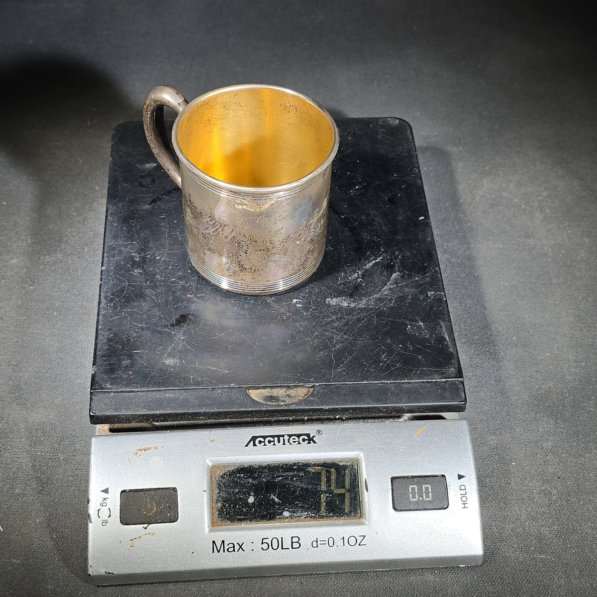 Sterling Silver Baby Cup with Gold Wash Interior, Monogrammed "J.J.M." and Dated "12-8-58"