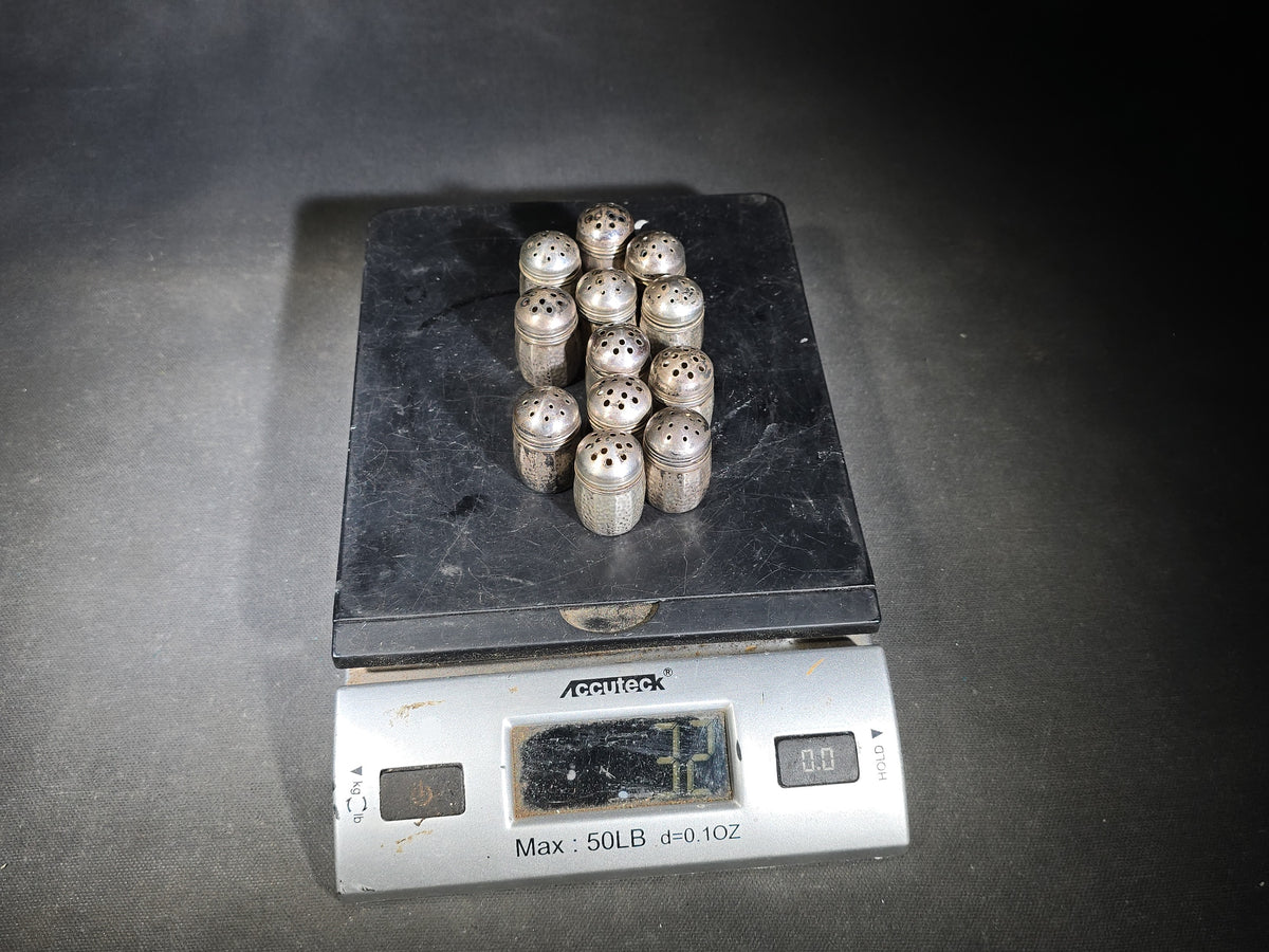 Grouping of 12 Sterling Silver Hammered Individual Salt and Pepper Shakers in Two Fitted Boxes, Arts and Crafts Style