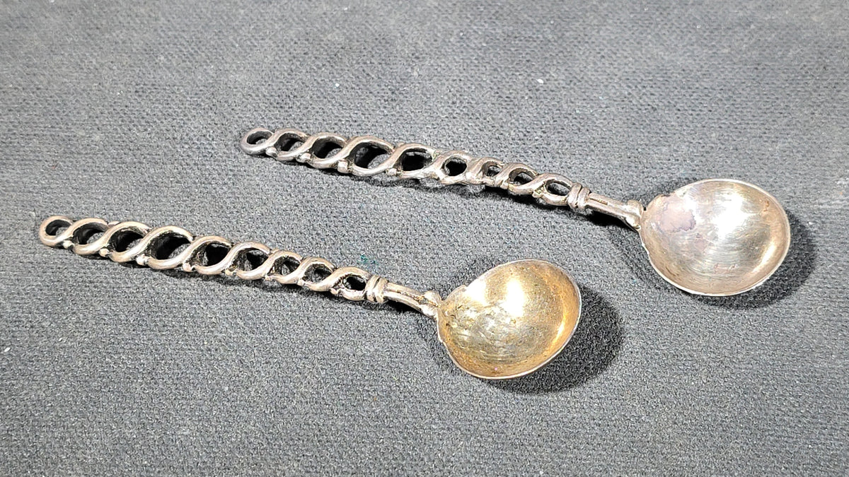 Pair of Antique British Hallmarked Sterling Silver Spoons with Twisted Openwork Handles