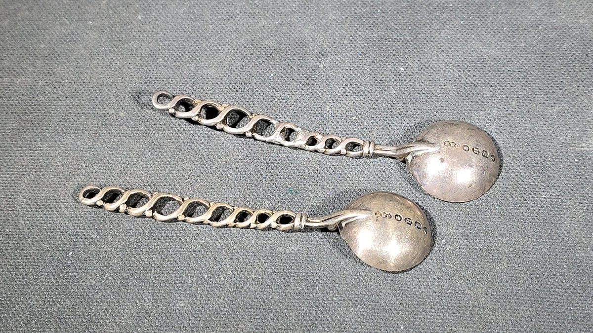 Pair of Antique British Hallmarked Sterling Silver Spoons with Twisted Openwork Handles