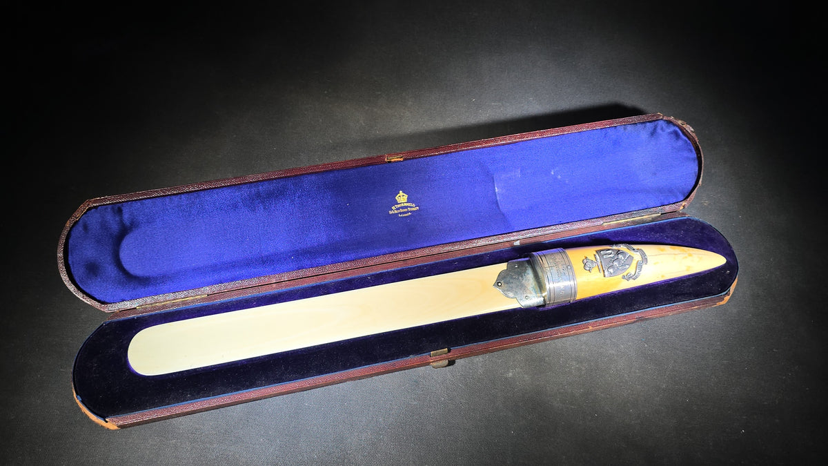 Antique Ivory and Whale's Tooth Page Turner with Sterling Silver Mounts, Applied Tuckerman Family Coat of Arms with "Paratus et Fidelis" Motto, Inscribed to Prof. Edward Tuckerman, in W. Thornhill Presentation Case, London