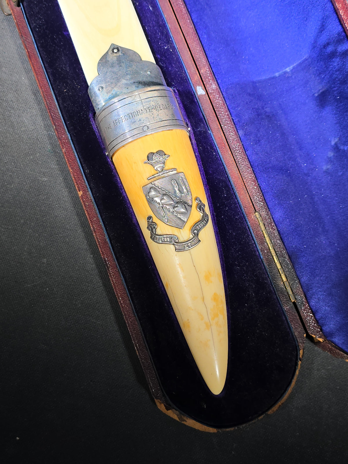 Antique Ivory and Whale's Tooth Page Turner with Sterling Silver Mounts, Applied Tuckerman Family Coat of Arms with "Paratus et Fidelis" Motto, Inscribed to Prof. Edward Tuckerman, in W. Thornhill Presentation Case, London