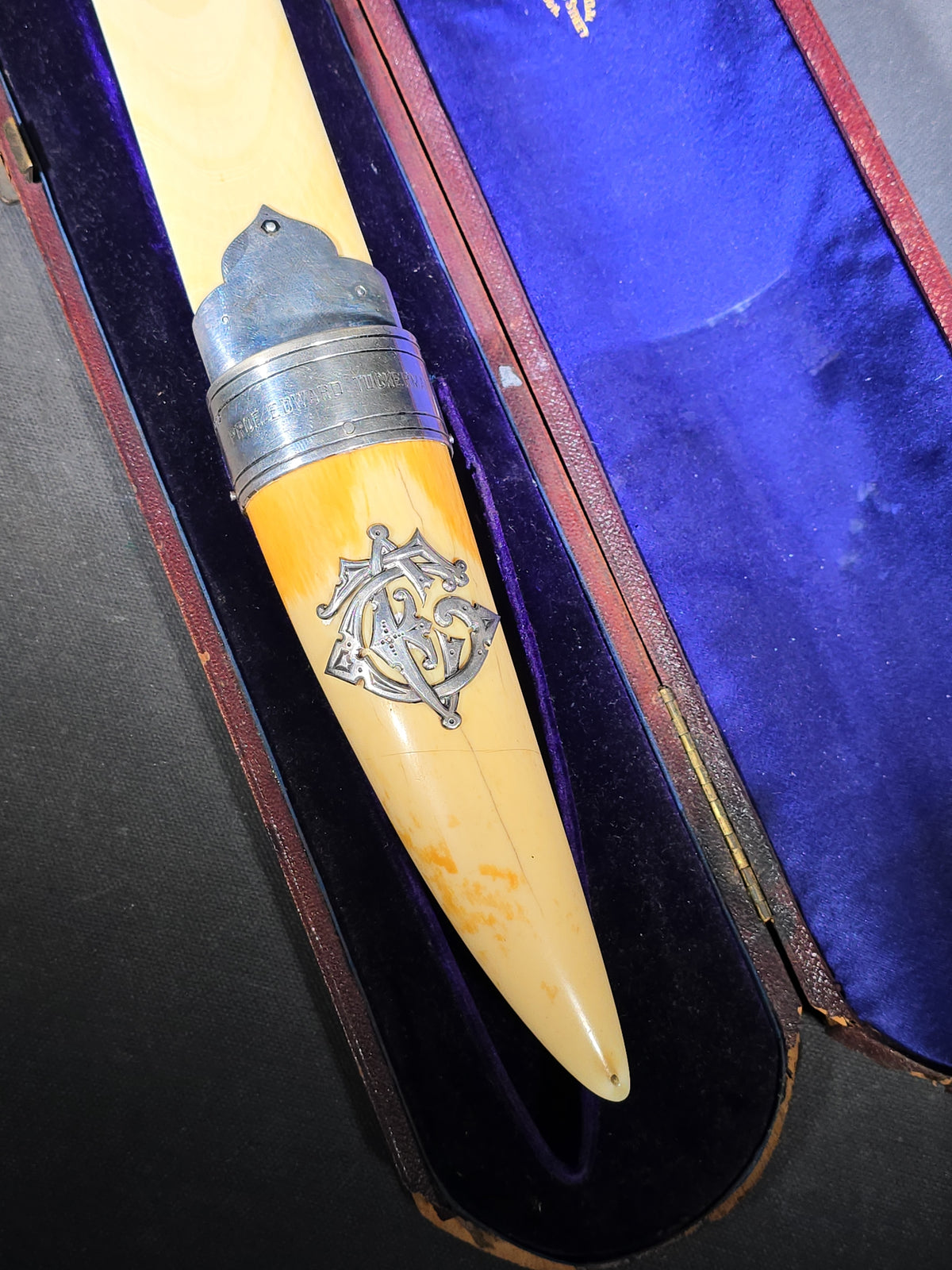 Antique Ivory and Whale's Tooth Page Turner with Sterling Silver Mounts, Applied Tuckerman Family Coat of Arms with "Paratus et Fidelis" Motto, Inscribed to Prof. Edward Tuckerman, in W. Thornhill Presentation Case, London