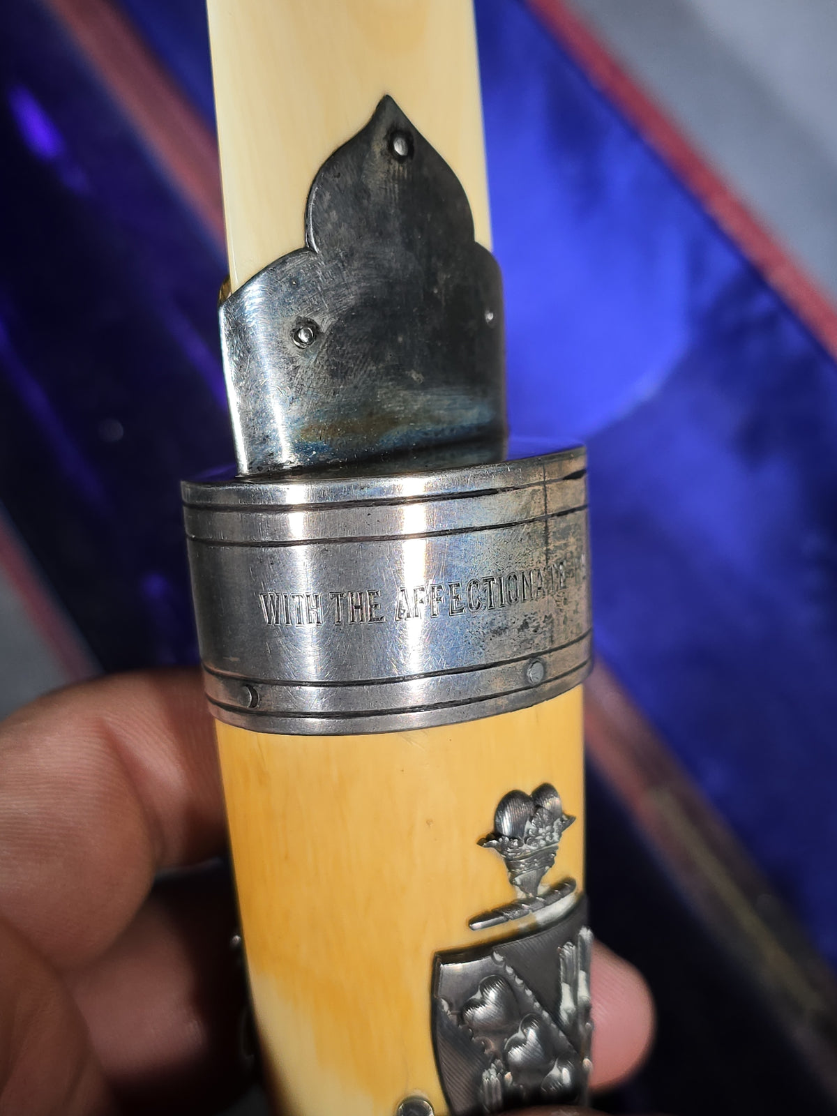 Antique Ivory and Whale's Tooth Page Turner with Sterling Silver Mounts, Applied Tuckerman Family Coat of Arms with "Paratus et Fidelis" Motto, Inscribed to Prof. Edward Tuckerman, in W. Thornhill Presentation Case, London