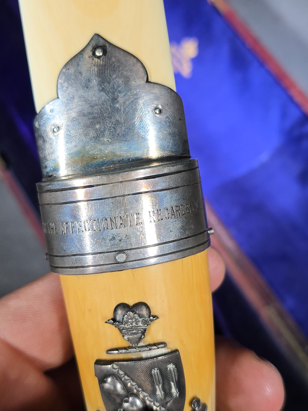 Antique Ivory and Whale's Tooth Page Turner with Sterling Silver Mounts, Applied Tuckerman Family Coat of Arms with "Paratus et Fidelis" Motto, Inscribed to Prof. Edward Tuckerman, in W. Thornhill Presentation Case, London