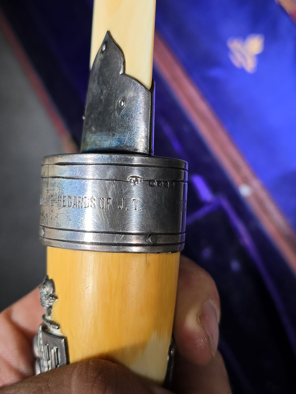 Antique Ivory and Whale's Tooth Page Turner with Sterling Silver Mounts, Applied Tuckerman Family Coat of Arms with "Paratus et Fidelis" Motto, Inscribed to Prof. Edward Tuckerman, in W. Thornhill Presentation Case, London