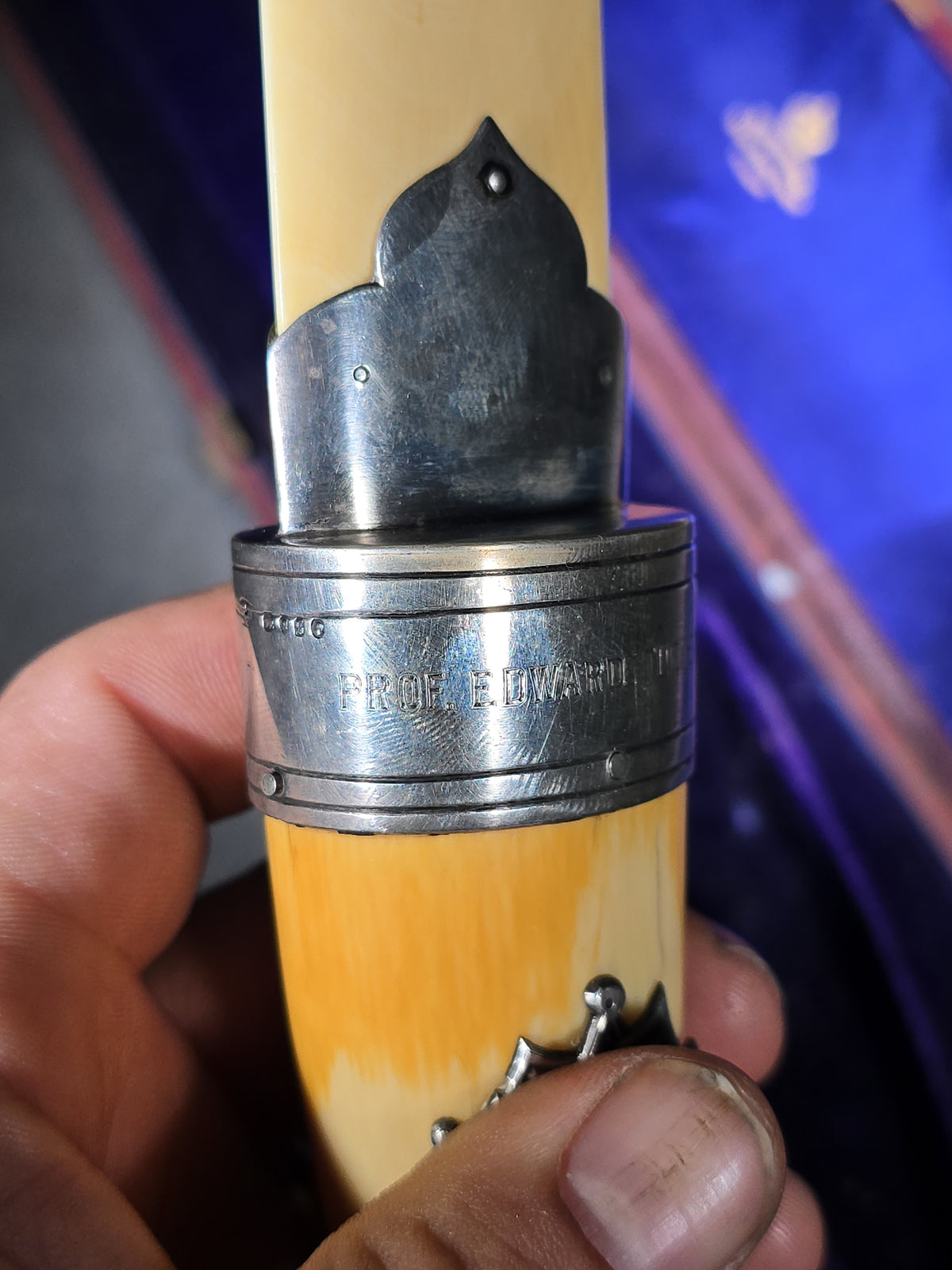 Antique Ivory and Whale's Tooth Page Turner with Sterling Silver Mounts, Applied Tuckerman Family Coat of Arms with "Paratus et Fidelis" Motto, Inscribed to Prof. Edward Tuckerman, in W. Thornhill Presentation Case, London