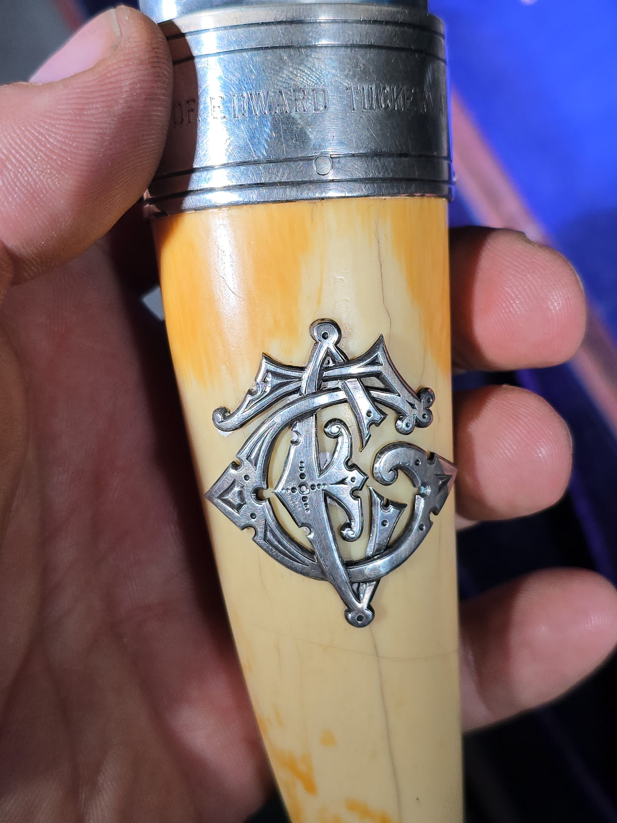 Antique Ivory and Whale's Tooth Page Turner with Sterling Silver Mounts, Applied Tuckerman Family Coat of Arms with "Paratus et Fidelis" Motto, Inscribed to Prof. Edward Tuckerman, in W. Thornhill Presentation Case, London