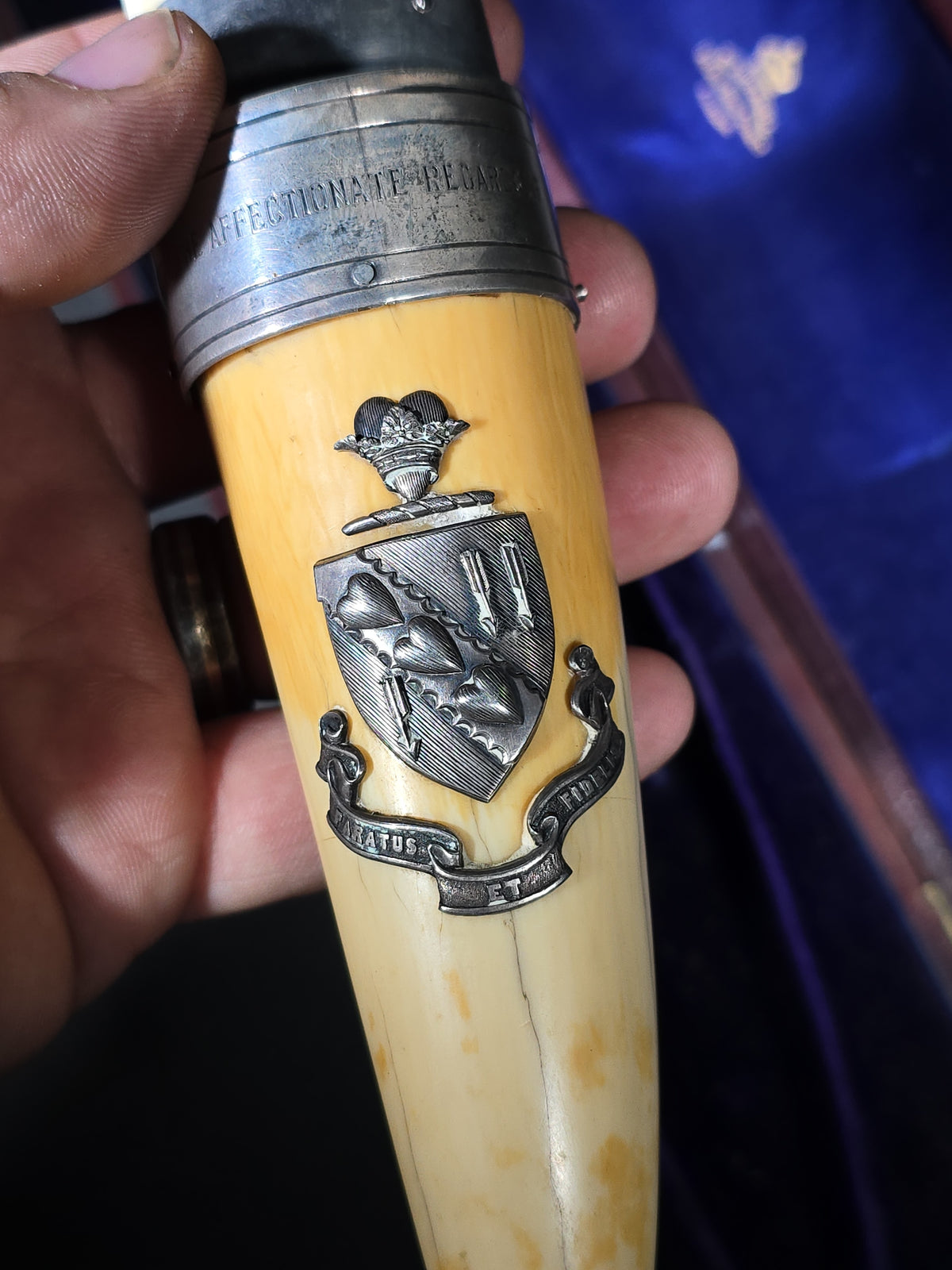 Antique Ivory and Whale's Tooth Page Turner with Sterling Silver Mounts, Applied Tuckerman Family Coat of Arms with "Paratus et Fidelis" Motto, Inscribed to Prof. Edward Tuckerman, in W. Thornhill Presentation Case, London