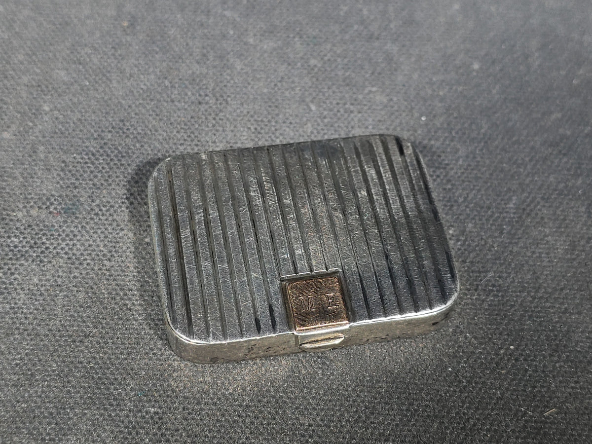 Sterling Silver Art Deco Pill Box with Ribbed Lid and Gold-Tone Monogram Cartouche "M.E."