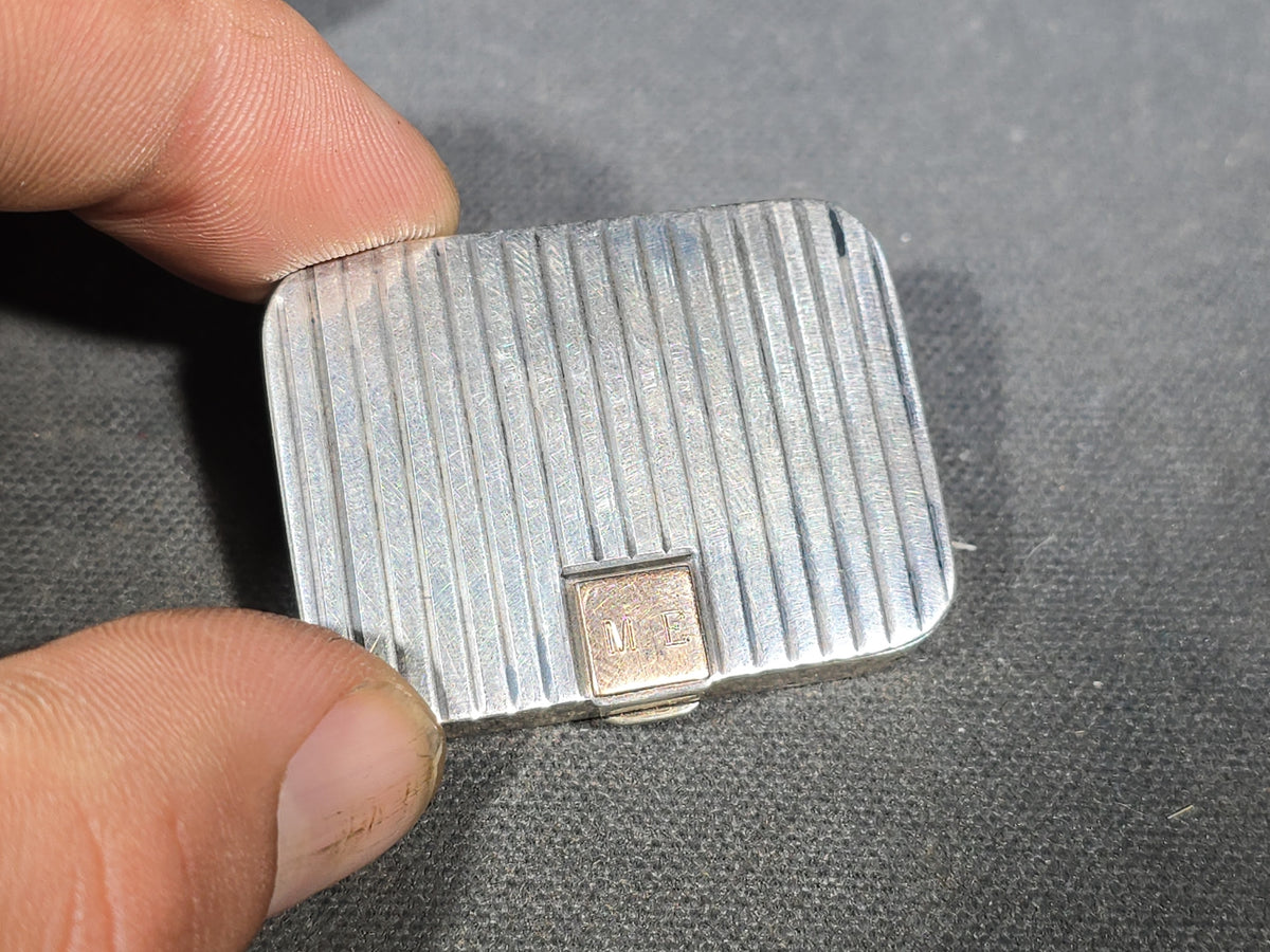 Sterling Silver Art Deco Pill Box with Ribbed Lid and Gold-Tone Monogram Cartouche "M.E."