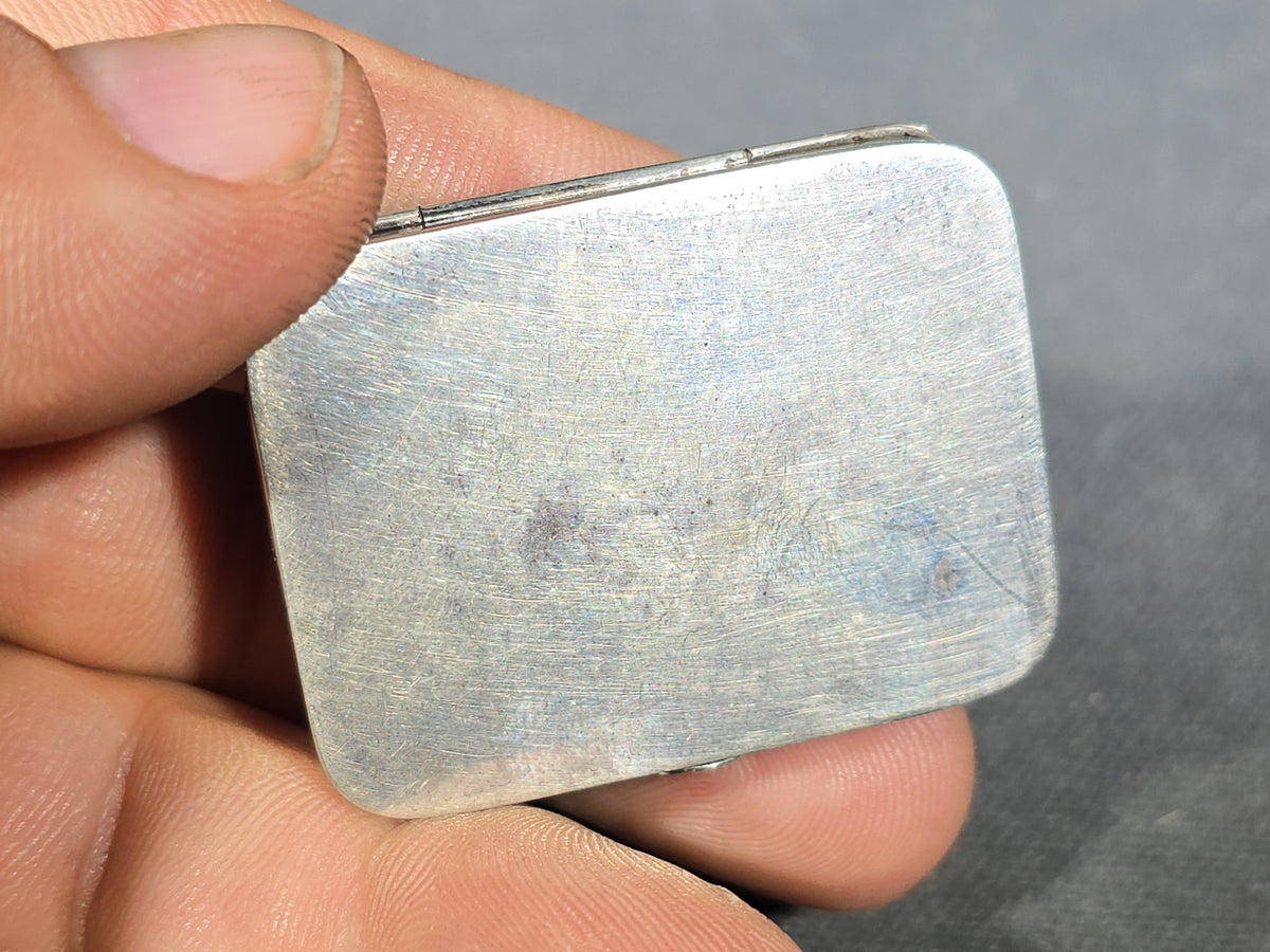 Sterling Silver Art Deco Pill Box with Ribbed Lid and Gold-Tone Monogram Cartouche "M.E."