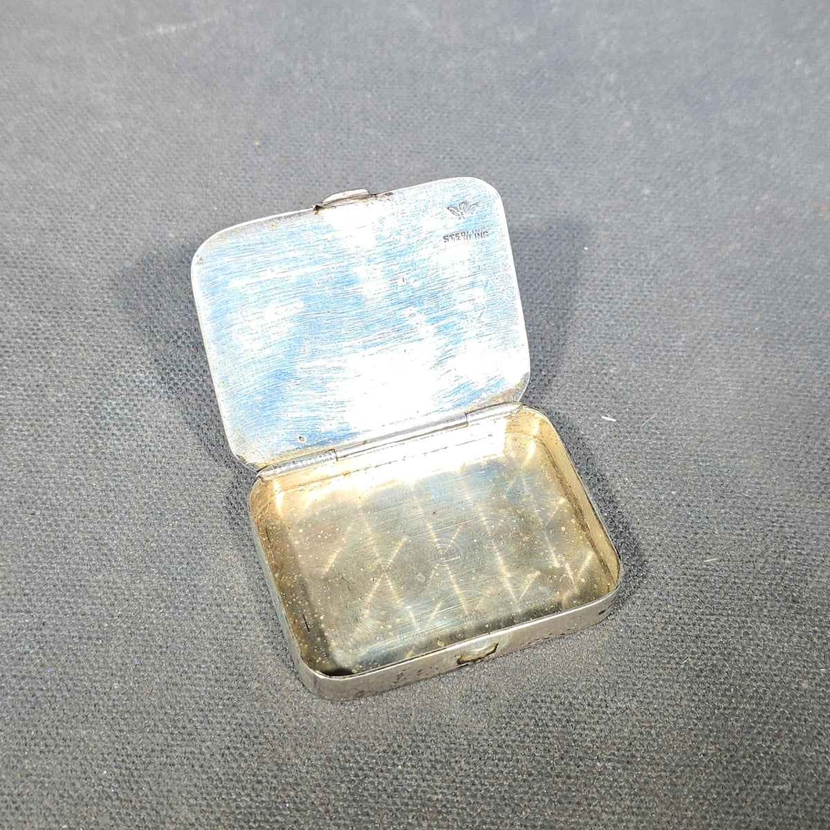 Sterling Silver Art Deco Pill Box with Ribbed Lid and Gold-Tone Monogram Cartouche "M.E."