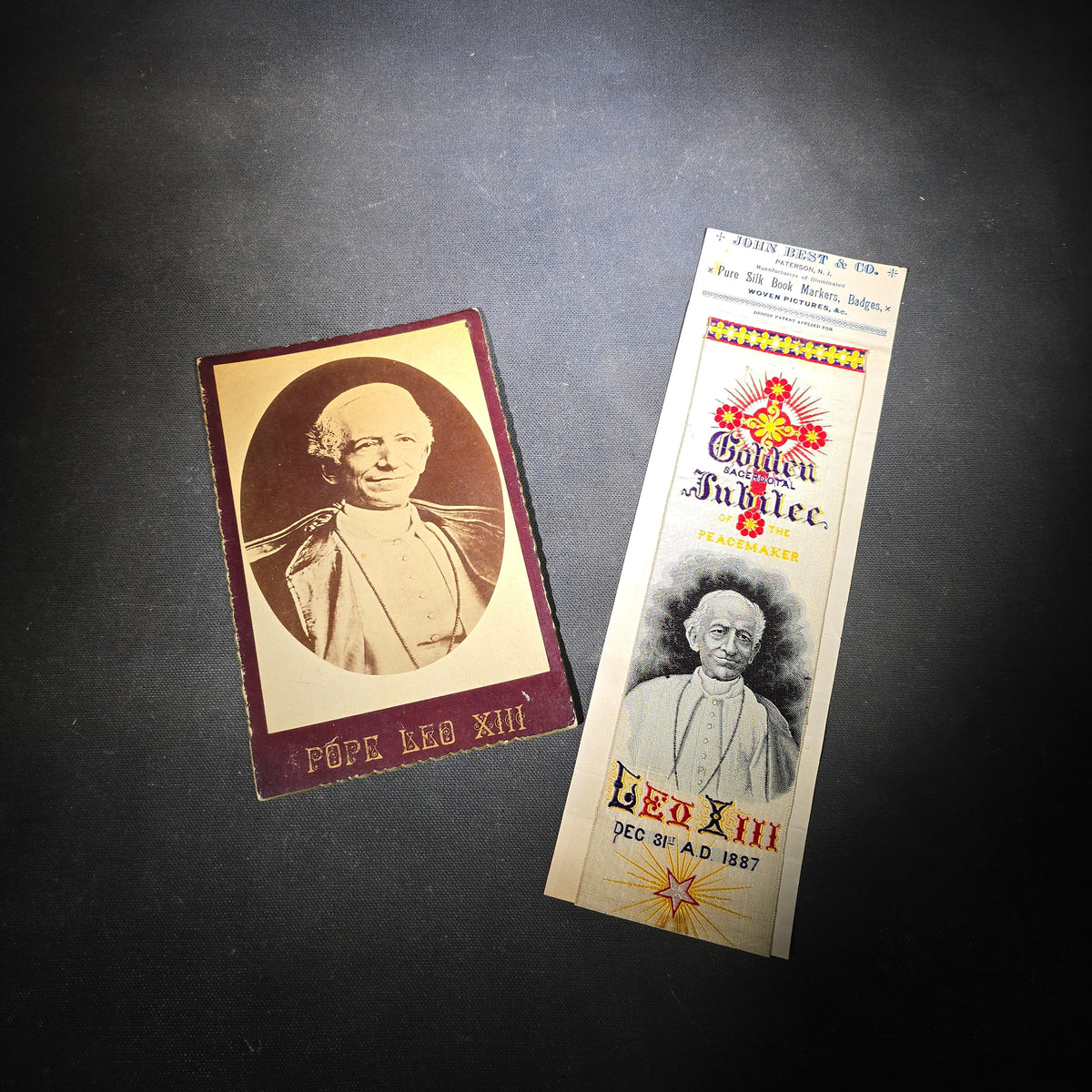 Pair of Antique Pope Leo XIII Ephemera including Cabinet Card Photograph and Woven Silk Bookmark, Golden Sacerdotal Jubilee of the Peacemaker, December 31, 1887, Manufactured by John Best & Co., Paterson, New Jersey