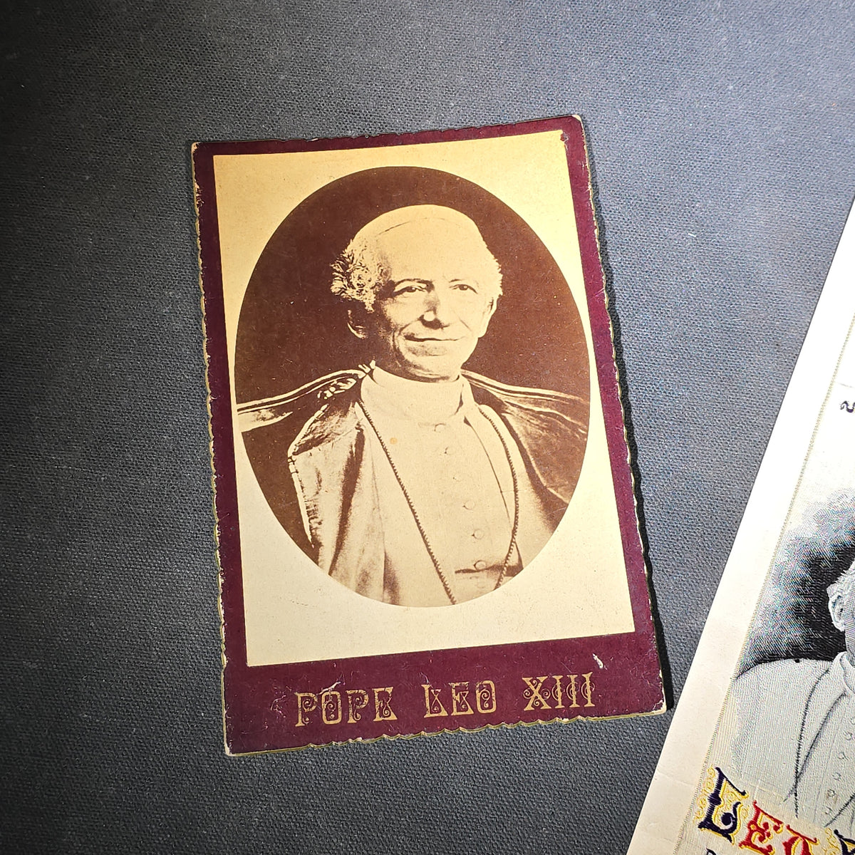 Pair of Antique Pope Leo XIII Ephemera including Cabinet Card Photograph and Woven Silk Bookmark, Golden Sacerdotal Jubilee of the Peacemaker, December 31, 1887, Manufactured by John Best & Co., Paterson, New Jersey
