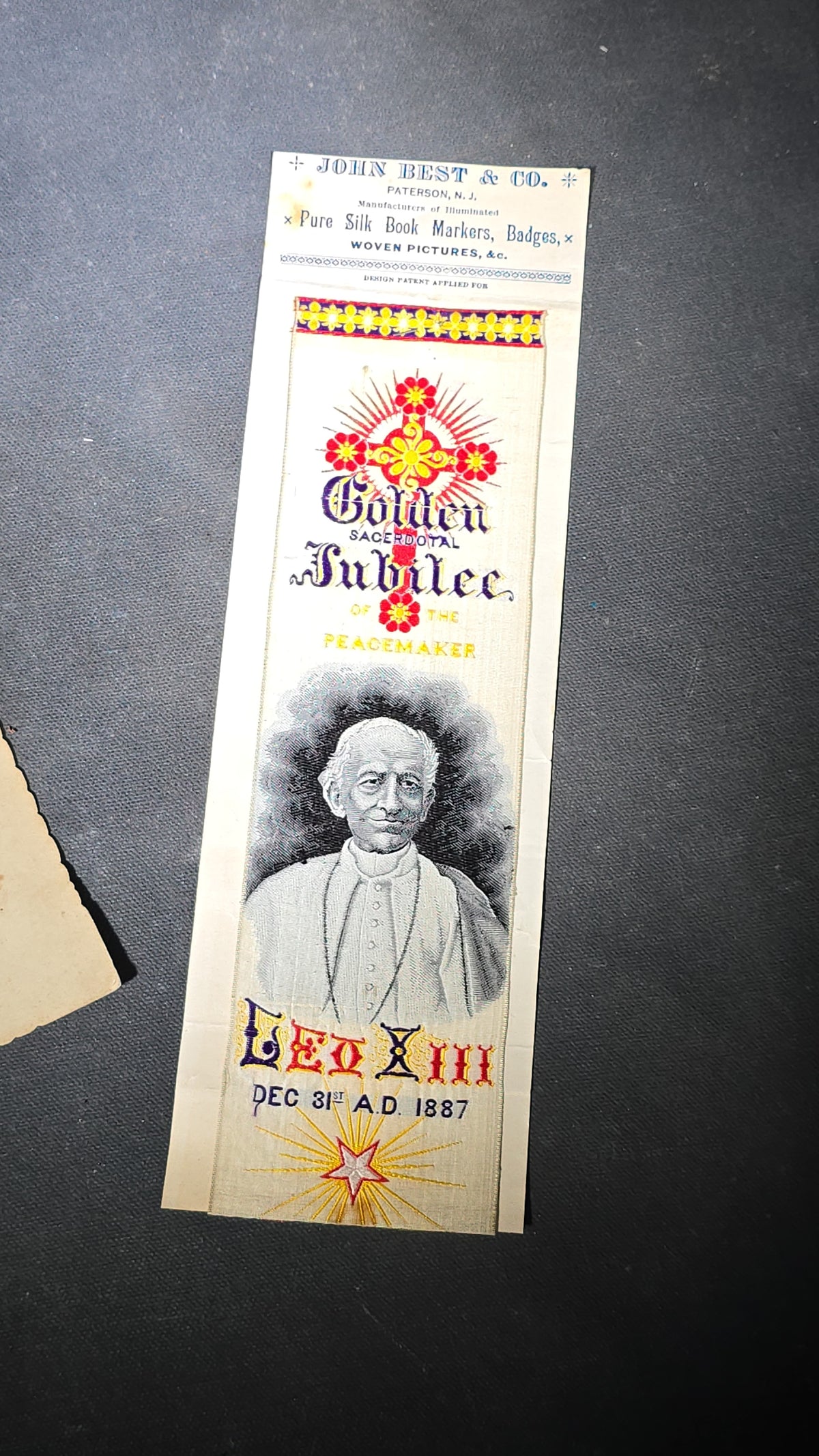 Pair of Antique Pope Leo XIII Ephemera including Cabinet Card Photograph and Woven Silk Bookmark, Golden Sacerdotal Jubilee of the Peacemaker, December 31, 1887, Manufactured by John Best & Co., Paterson, New Jersey
